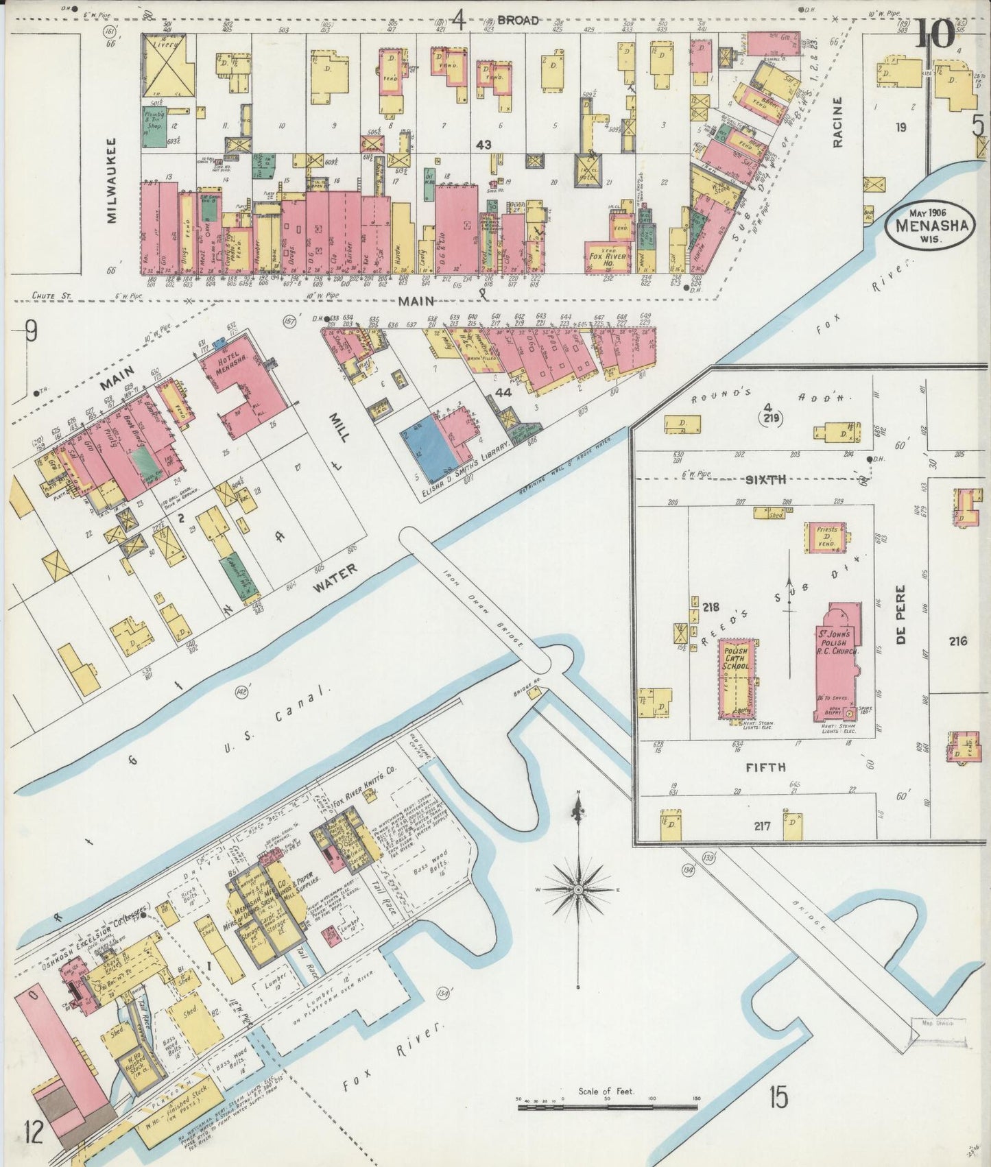 Sanborn Fire Insurance Map from Menasha, Winnebago County, Wisconsin (1906), Sheet #0010 - Historic Sanborn Fire Insurance Map Print, vintage old map wall art, antique decor, genealogy gift, Wisconsin Wisconsin map