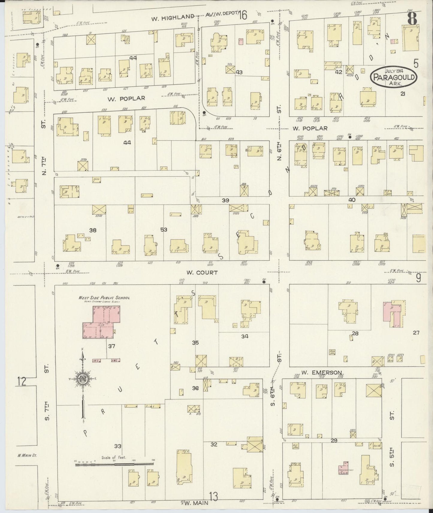 Sanborn Fire Insurance Map from Paragould, Greene County, Arkansas (1914), Sheet #0008 - Historic Sanborn Fire Insurance Map Print, vintage old map wall art, antique decor, genealogy gift, Arkansas Arkansas map