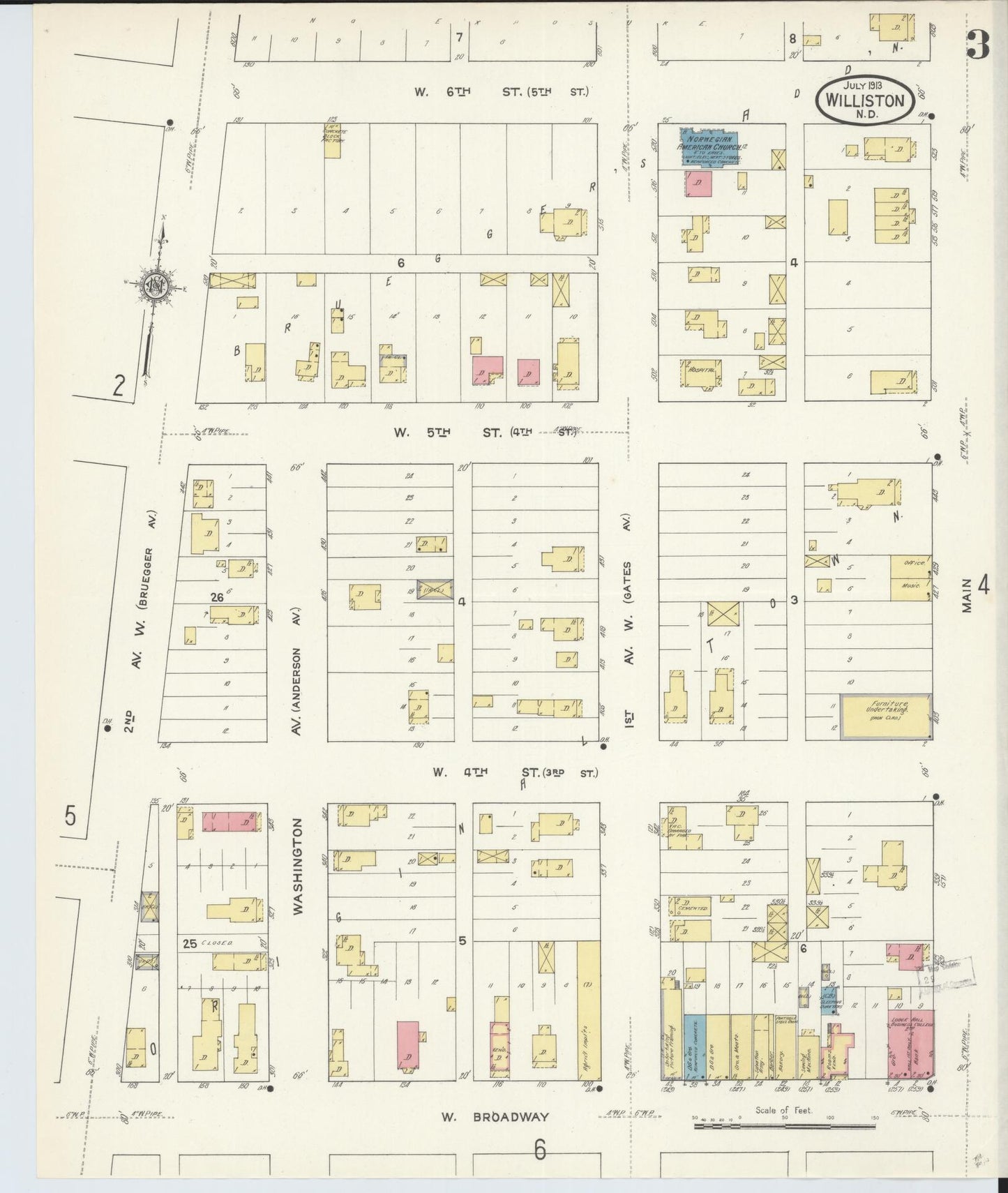 Sanborn Fire Insurance Map from Williston, Williams County, North Dakota (1913), Sheet #0003 - Historic Sanborn Fire Insurance Map Print, vintage old map wall art, antique decor, genealogy gift, North Dakota North Dakota map