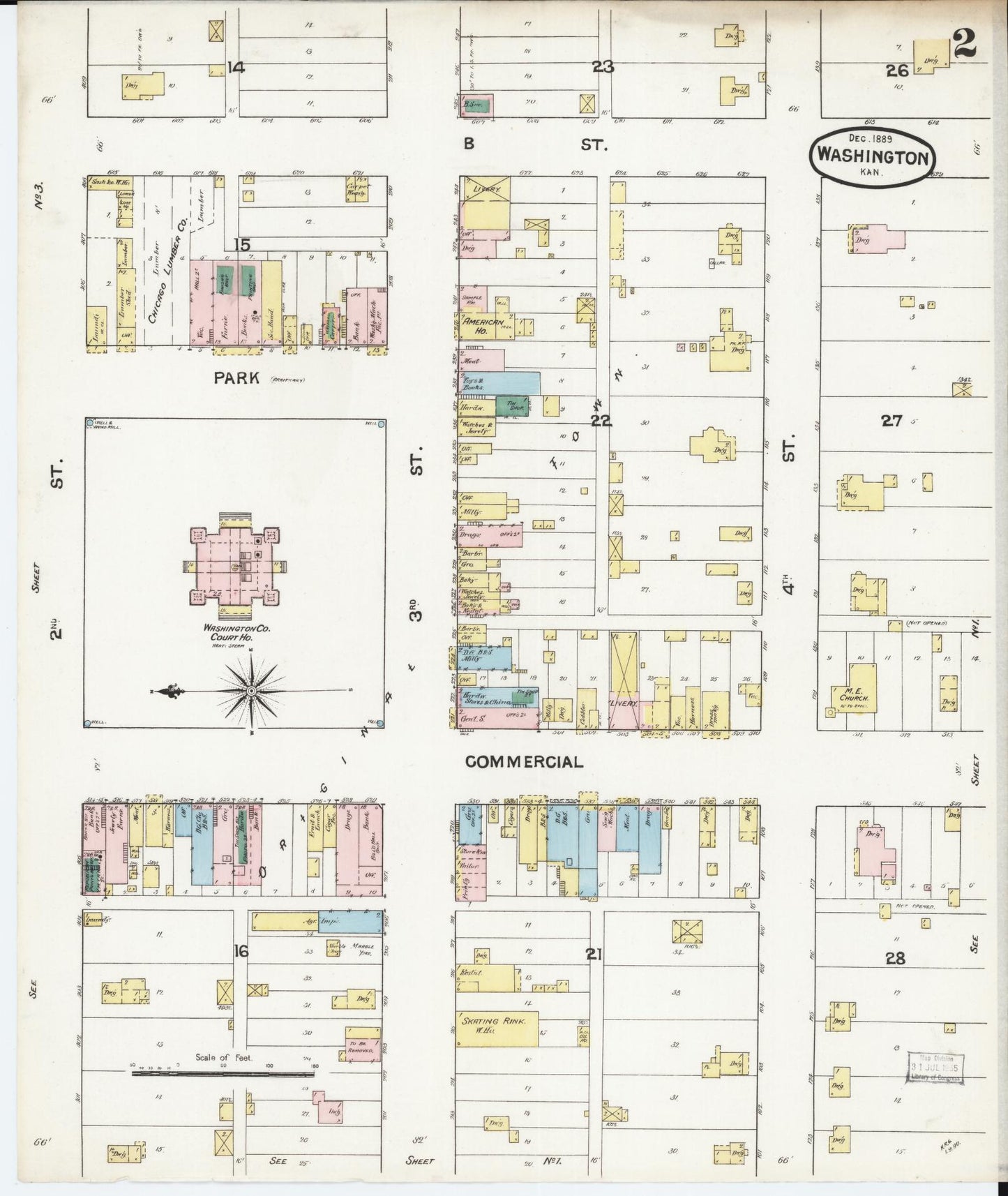 Sanborn Fire Insurance Map from Washington, Washington County, Kansas (1889), Sheet #0002 - Historic Sanborn Fire Insurance Map Print, vintage old map wall art, antique decor, genealogy gift, Sanborn Fire Insurance Map from Washington Washington map