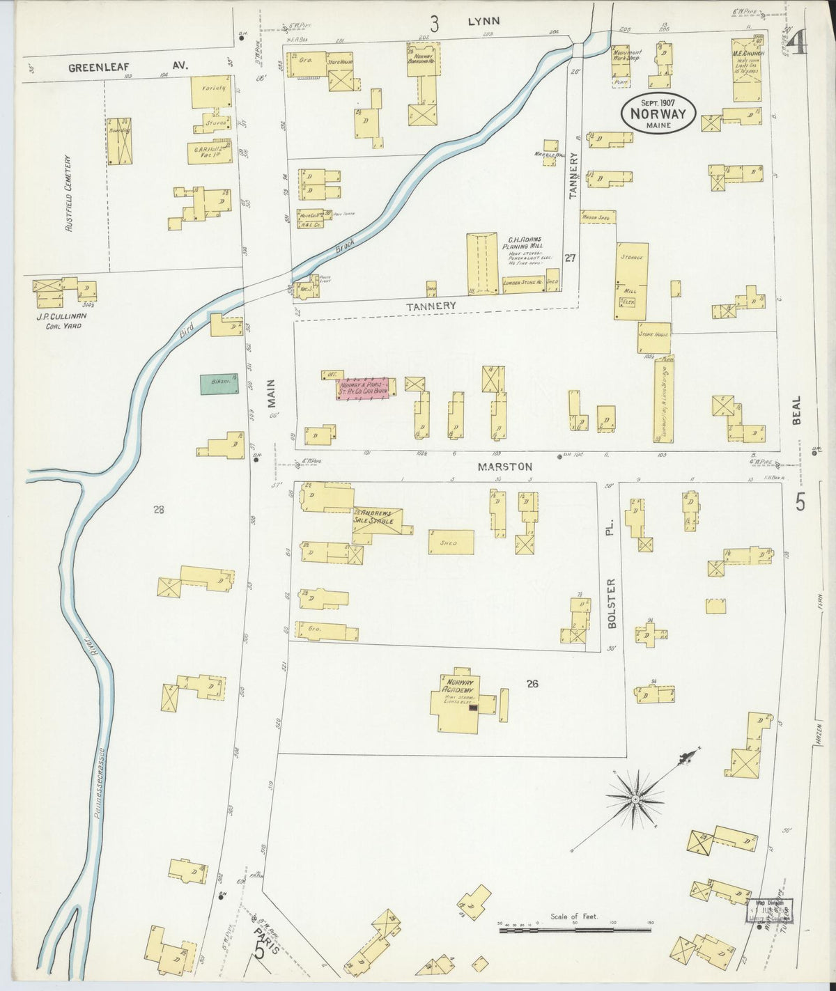 Sanborn Fire Insurance Map from Norway, Oxford County, Maine (1907), Sheet #0004 - Historic Sanborn Fire Insurance Map Print, vintage old map wall art, antique decor, genealogy gift, Maine Maine map
