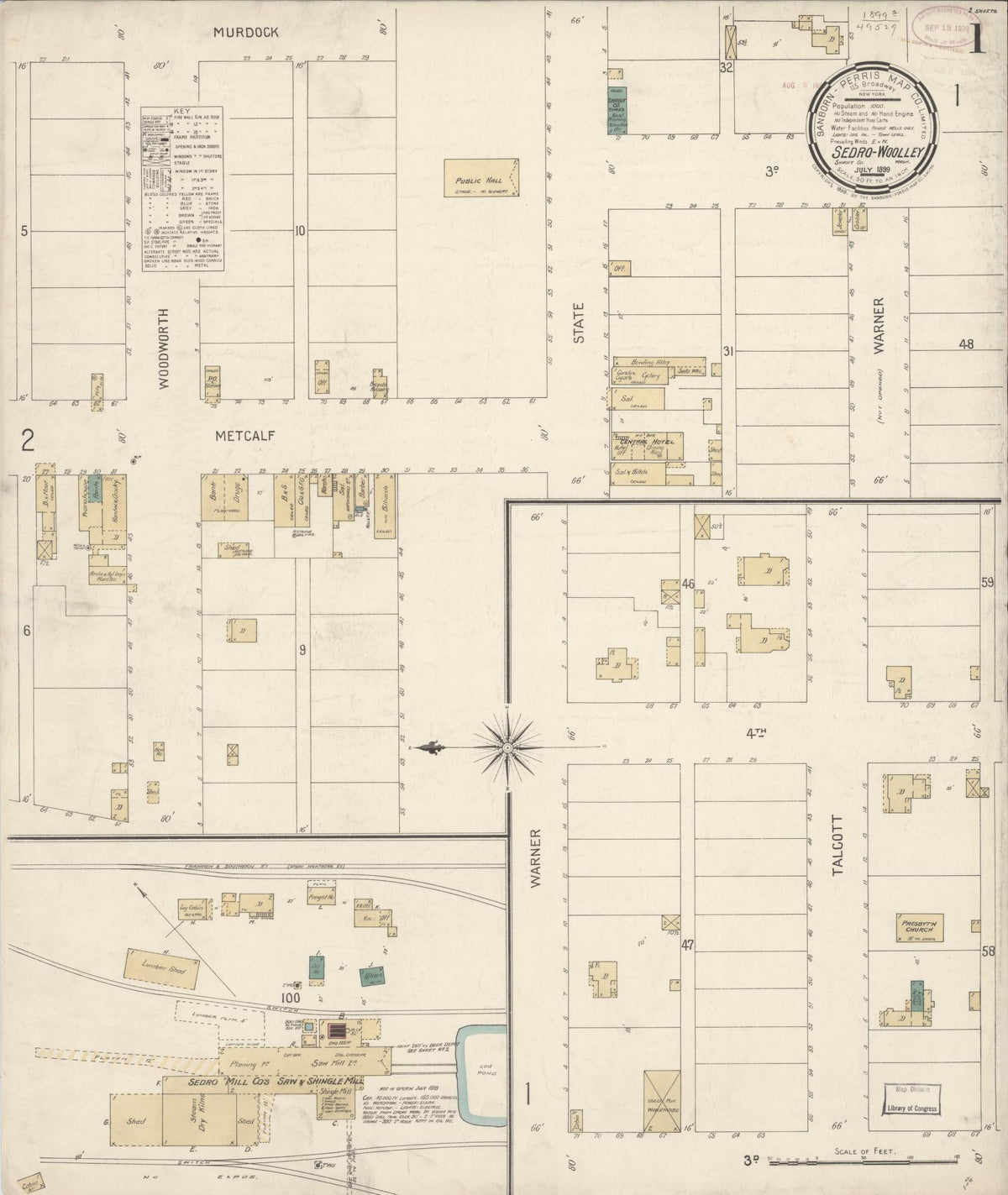 Sanborn Fire Insurance Map from Sedro Woolley, Skagit County, Washington (1899), Sheet #0001 - Historic Sanborn Fire Insurance Map Print, vintage old map wall art, antique decor, genealogy gift, Washington Washington map