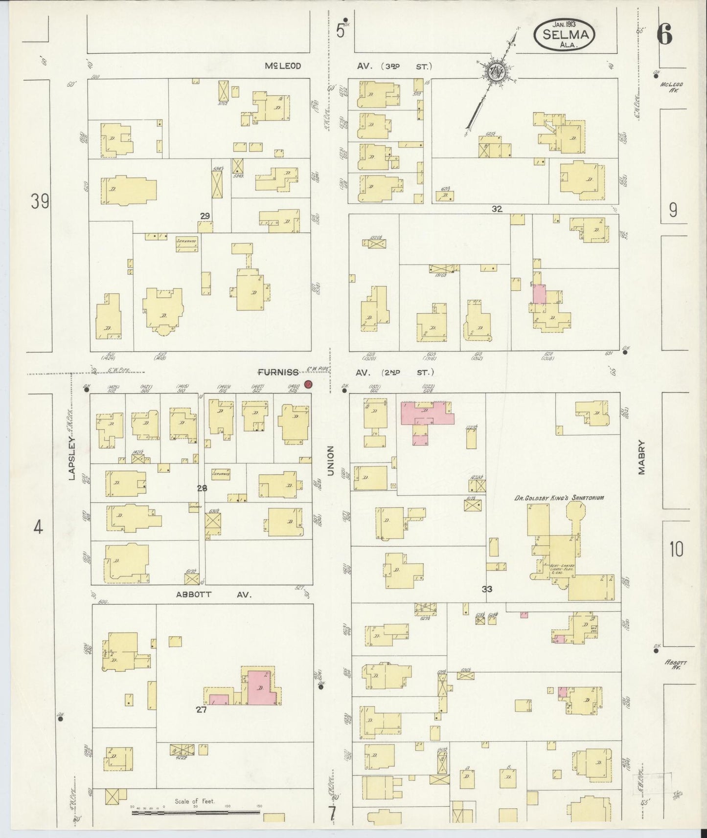 Sanborn Fire Insurance Map from Selma, Dallas County, Alabama (1913), Sheet #0006 - Historic Sanborn Fire Insurance Map Print, vintage old map wall art, antique decor, genealogy gift, Alabama Alabama map