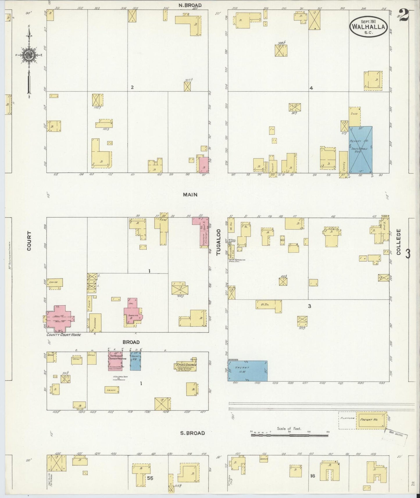 Sanborn Fire Insurance Map from Walhalla, Oconee County, South Carolina (1911), Sheet #0002 - Historic Sanborn Fire Insurance Map Print, vintage old map wall art, antique decor, genealogy gift, South Carolina South Carolina map