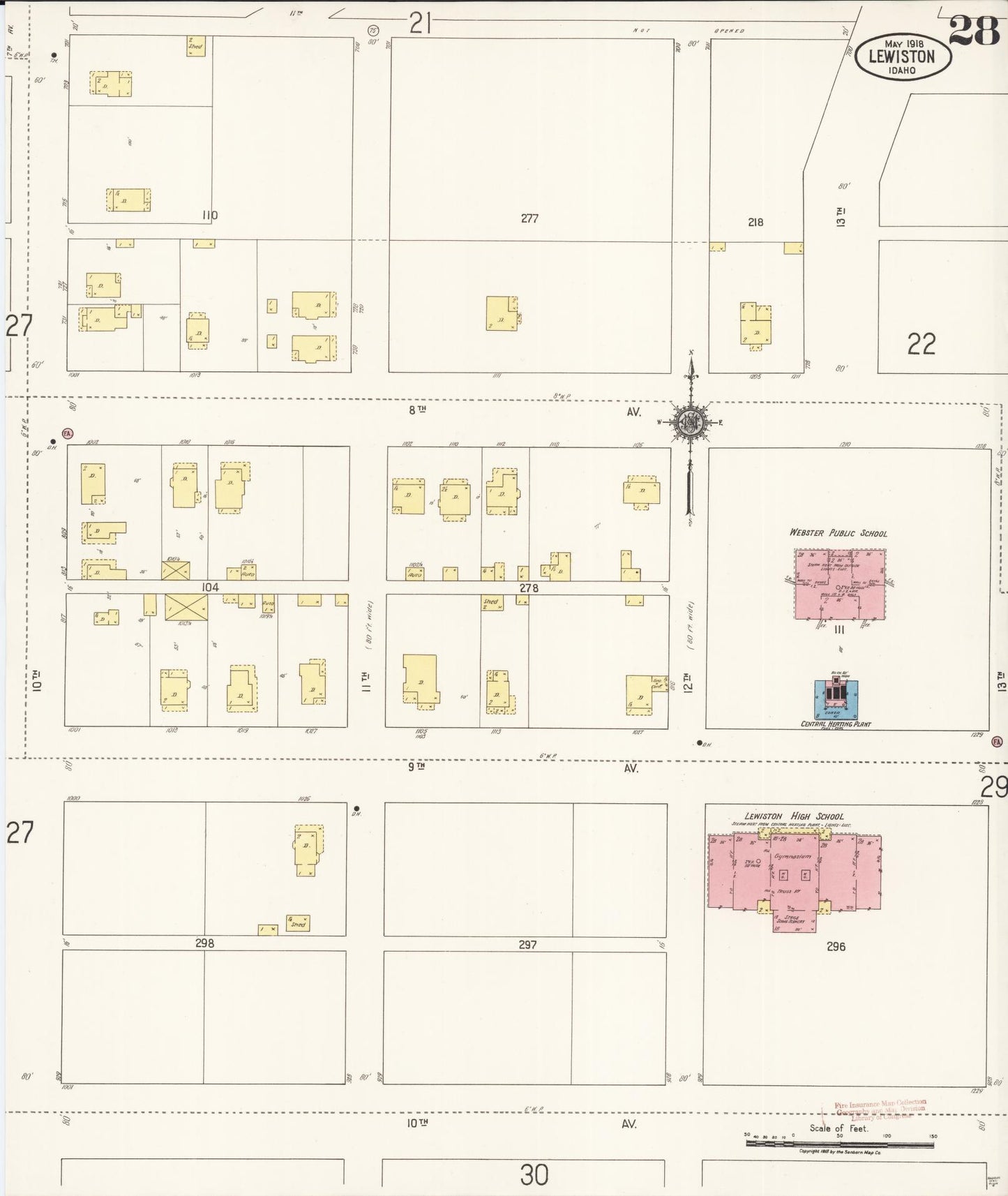 Sanborn Fire Insurance Map from Lewiston, Nez Perce County, Idaho (1918), Sheet #0028 - Historic Sanborn Fire Insurance Map Print, vintage old map wall art, antique decor, genealogy gift, Idaho Idaho map