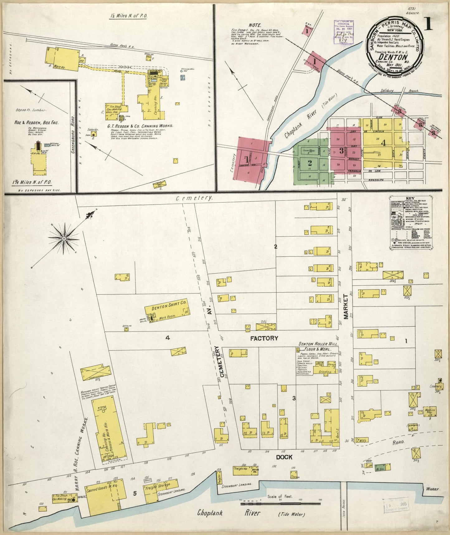 Sanborn Fire Insurance Map from Denton, Caroline County, Maryland (1901), Sheet #0001 - Historic Sanborn Fire Insurance Map Print, vintage old map wall art, antique decor, genealogy gift, Maryland Maryland map