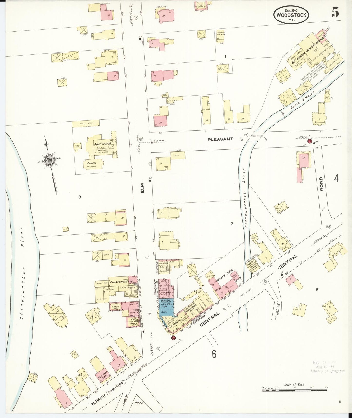 Sanborn Fire Insurance Map from Woodstock, Windsor County, Vermont (1910), Sheet #0005 - Historic Sanborn Fire Insurance Map Print, vintage old map wall art, antique decor, genealogy gift, Vermont Vermont map