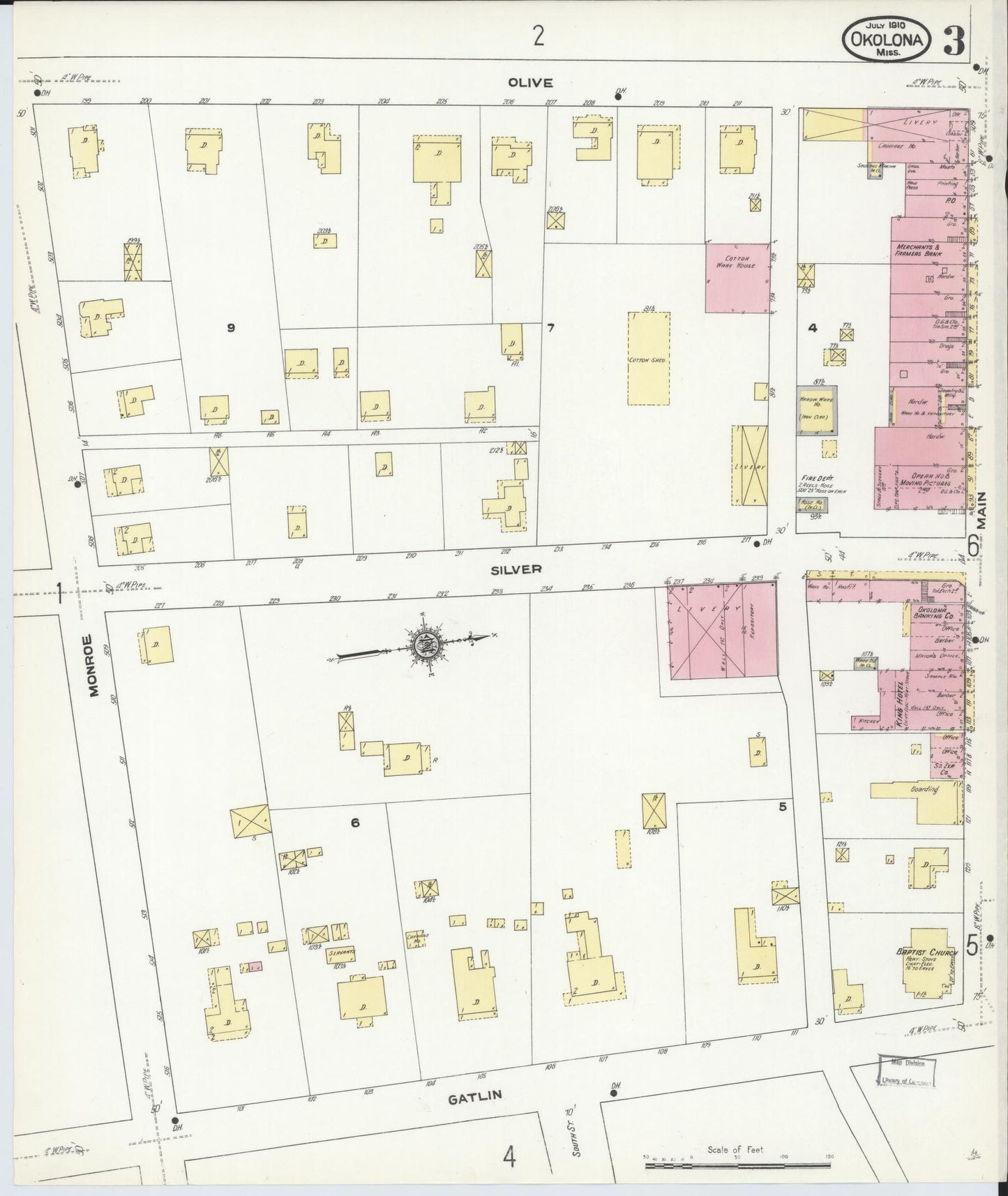 Sanborn Fire Insurance Map from Okolona, Chickasaw County, Mississippi (1910), Sheet #0003 - Historic Sanborn Fire Insurance Map Print, vintage old map wall art, antique decor, genealogy gift, Mississippi Mississippi map