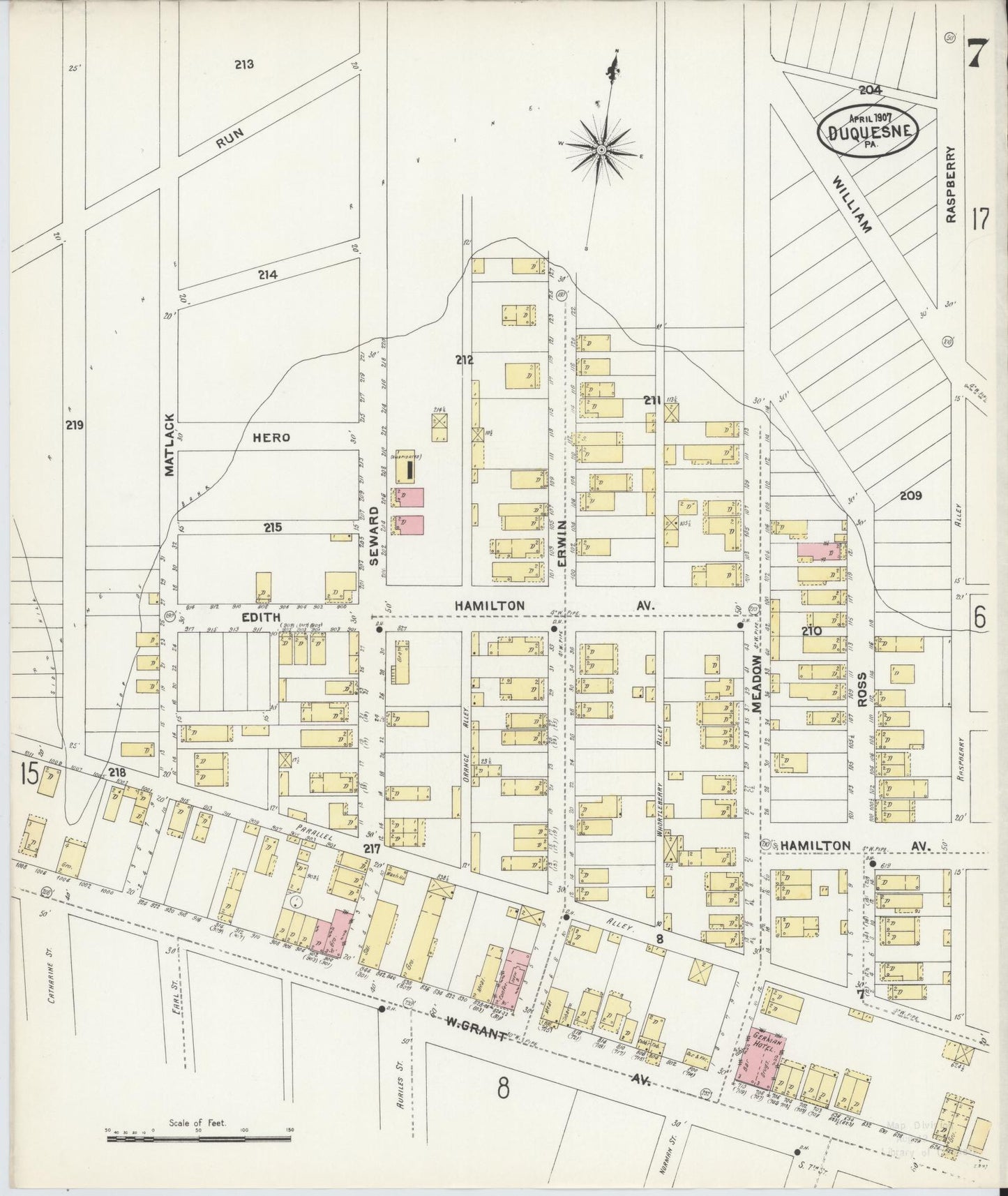 Sanborn Fire Insurance Map from Duquesne, Allegheny County, Pennsylvania (1907), Sheet #0007 - Historic Sanborn Fire Insurance Map Print, vintage old map wall art, antique decor, genealogy gift, Pennsylvania Pennsylvania map