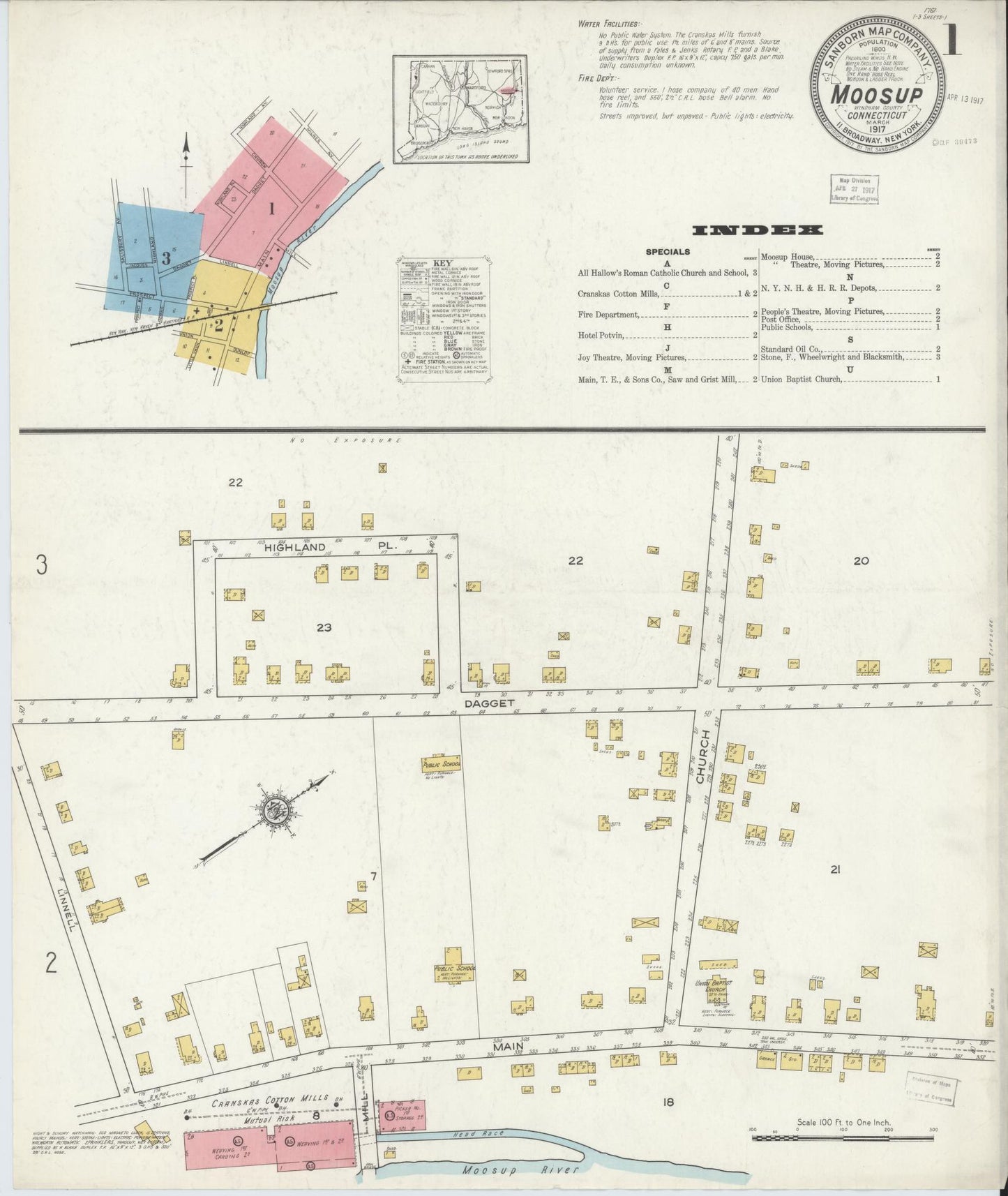Sanborn Fire Insurance Map from Moosup, Windham County, Connecticut (1917), Sheet #0001 - Historic Sanborn Fire Insurance Map Print, vintage old map wall art, antique decor, genealogy gift, Connecticut Connecticut map