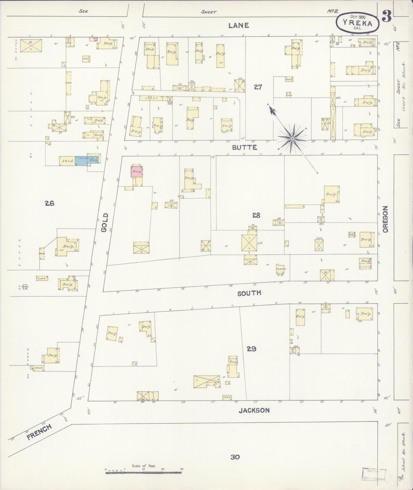 Sanborn Fire Insurance Map from Yreka, Siskiyou County, California (1890), Sheet #0003 - Complete Map Set gallery image, historic Sanborn map, vintage wall art, California California