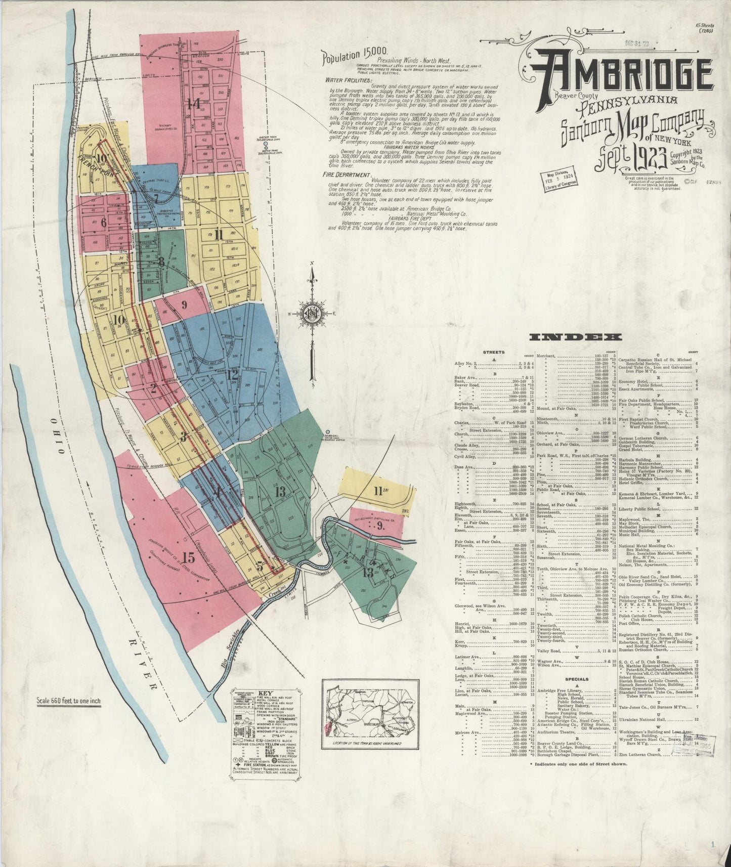 Sanborn Fire Insurance Map from Ambridge, Beaver County, Pennsylvania (1923), Sheet #0001 - Historic Sanborn Fire Insurance Map Print, vintage old map wall art, antique decor, genealogy gift, Pennsylvania Pennsylvania map