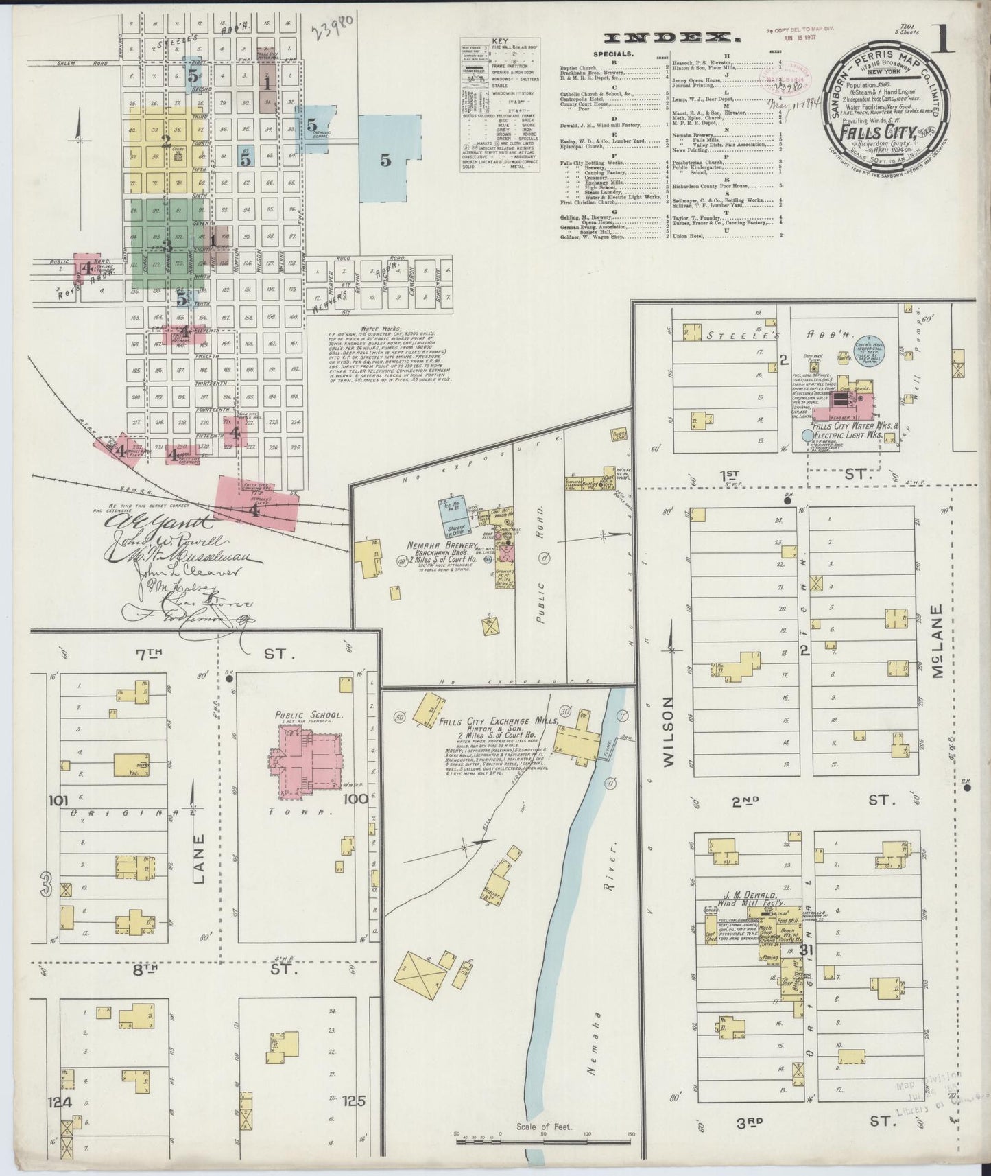 Sanborn Fire Insurance Map from Falls City, Richardson County, Nebraska (1894), Sheet #0001 - Historic Sanborn Fire Insurance Map Print, vintage old map wall art, antique decor, genealogy gift, Nebraska Nebraska map