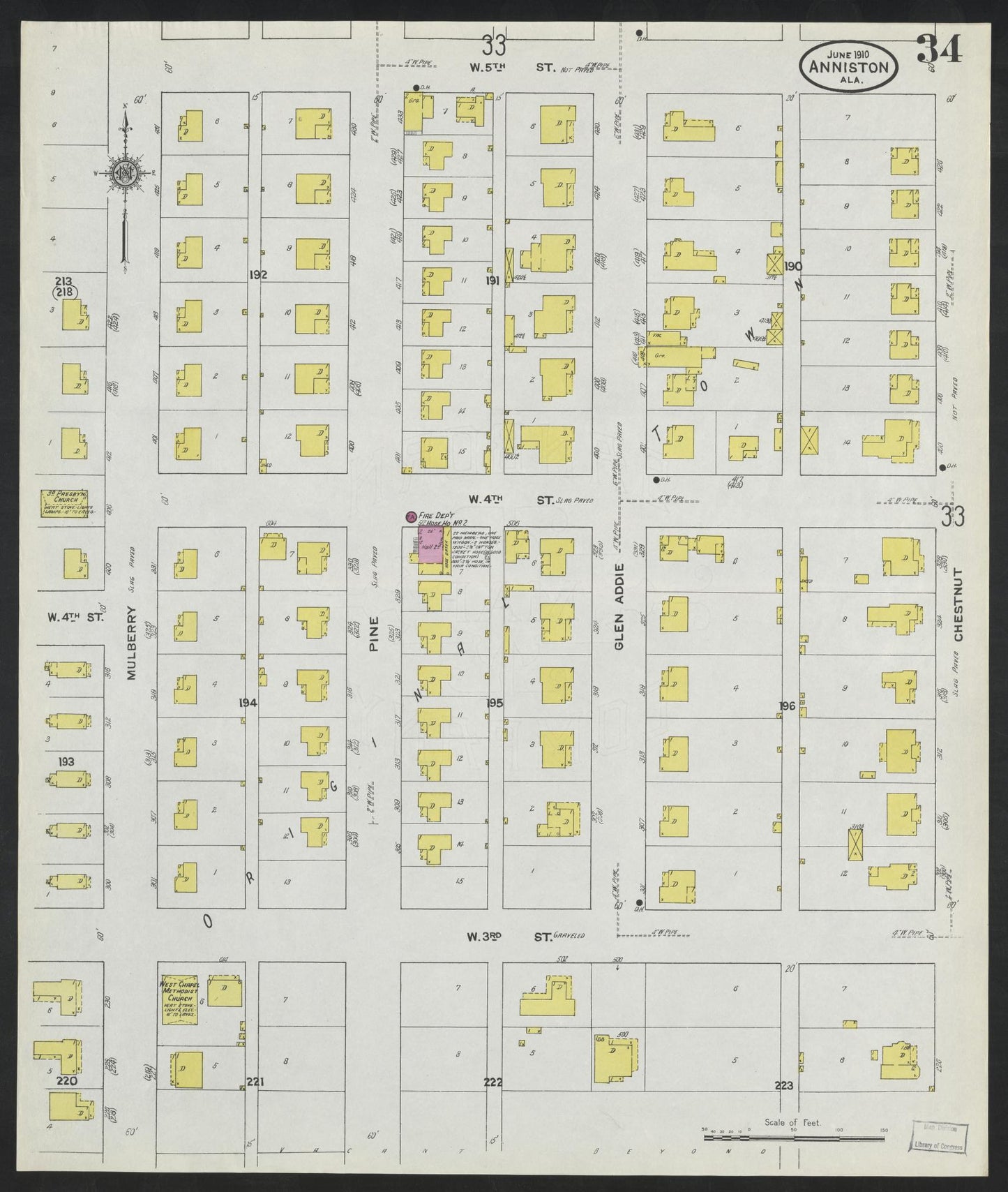 Sanborn Fire Insurance Map from Anniston, Calhoun County, Alabama (1910), Sheet #0034 - Historic Sanborn Fire Insurance Map Print, vintage old map wall art, antique decor, genealogy gift, Alabama Alabama map