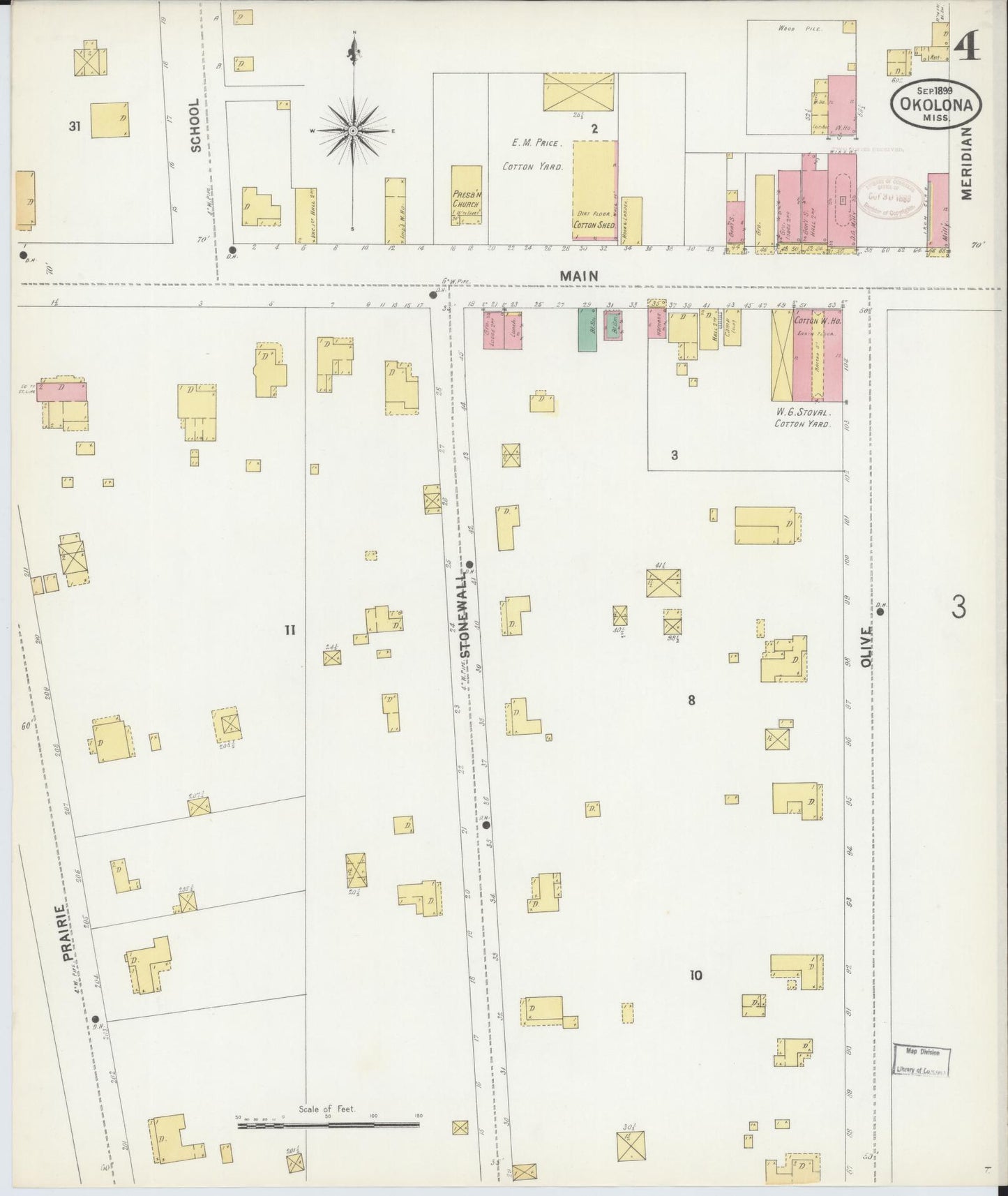 Sanborn Fire Insurance Map from Okolona, Chickasaw County, Mississippi (1899), Sheet #0004 - Complete Map Set gallery image, historic Sanborn map, vintage wall art, Mississippi Mississippi