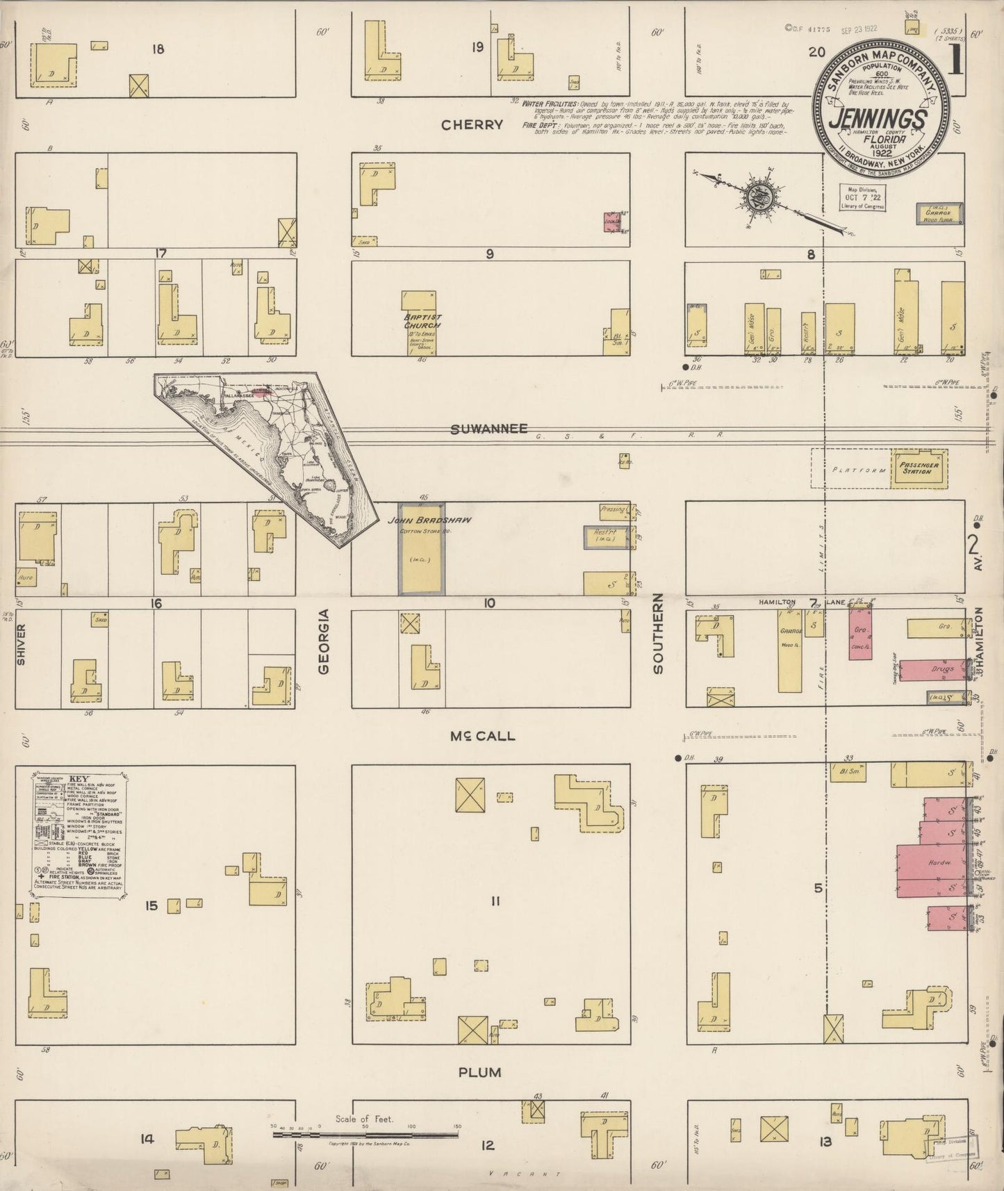 Sanborn Fire Insurance Map from Jennings, Hamilton County, Florida (1922), Sheet #0001 - Historic Sanborn Fire Insurance Map Print, vintage old map wall art, antique decor, genealogy gift, Florida Florida map