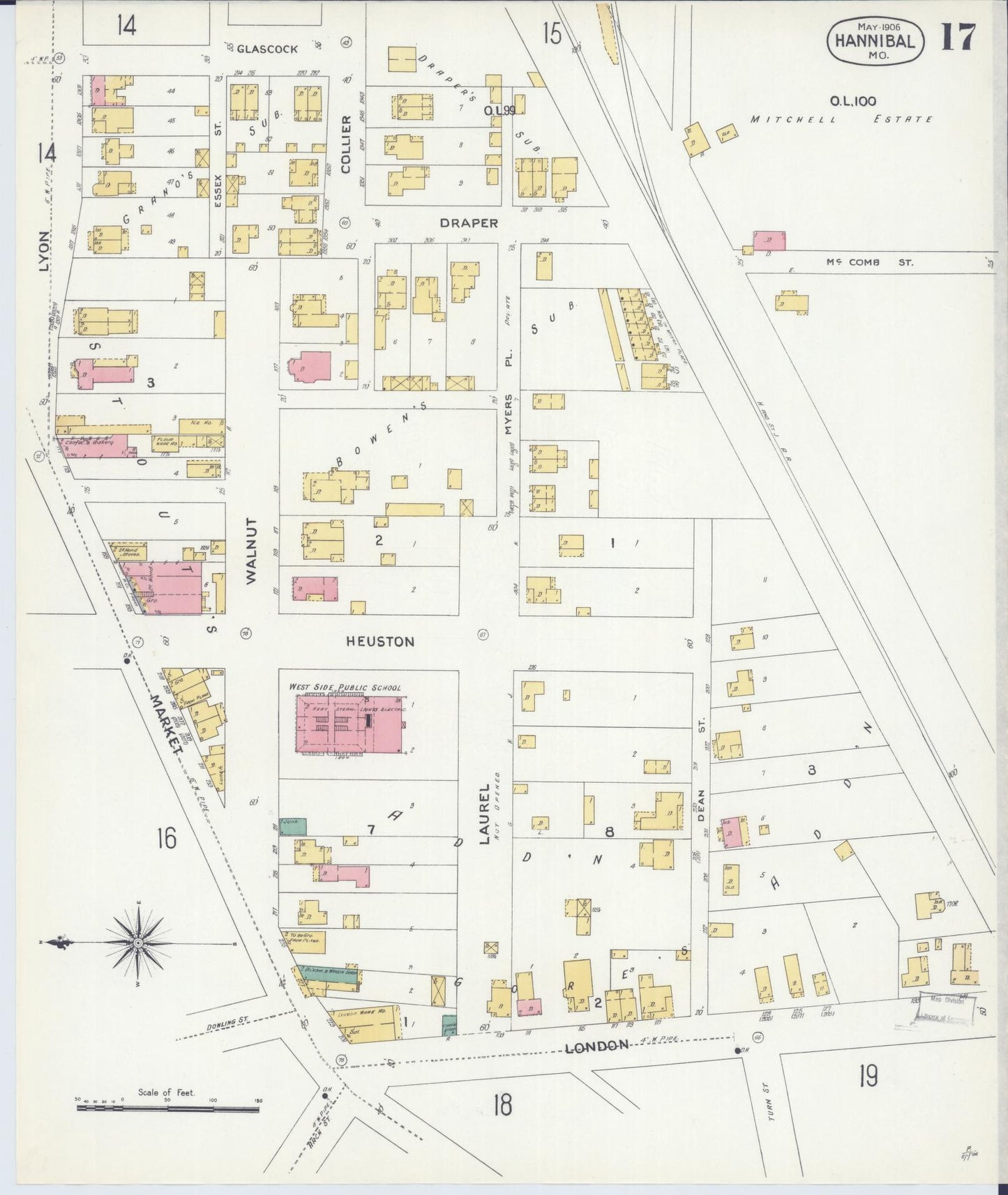 Sanborn Fire Insurance Map from Hannibal, Marion County, Missouri (1906), Sheet #0017 - Historic Sanborn Fire Insurance Map Print, vintage old map wall art, antique decor, genealogy gift, Missouri Missouri map