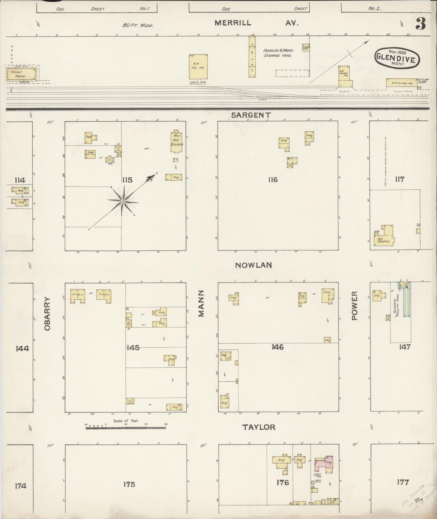Sanborn Fire Insurance Map from Glendive, Dawson County, Montana (1888), Sheet #0003 - Historic Sanborn Fire Insurance Map Print, vintage old map wall art, antique decor, genealogy gift, Montana Montana map