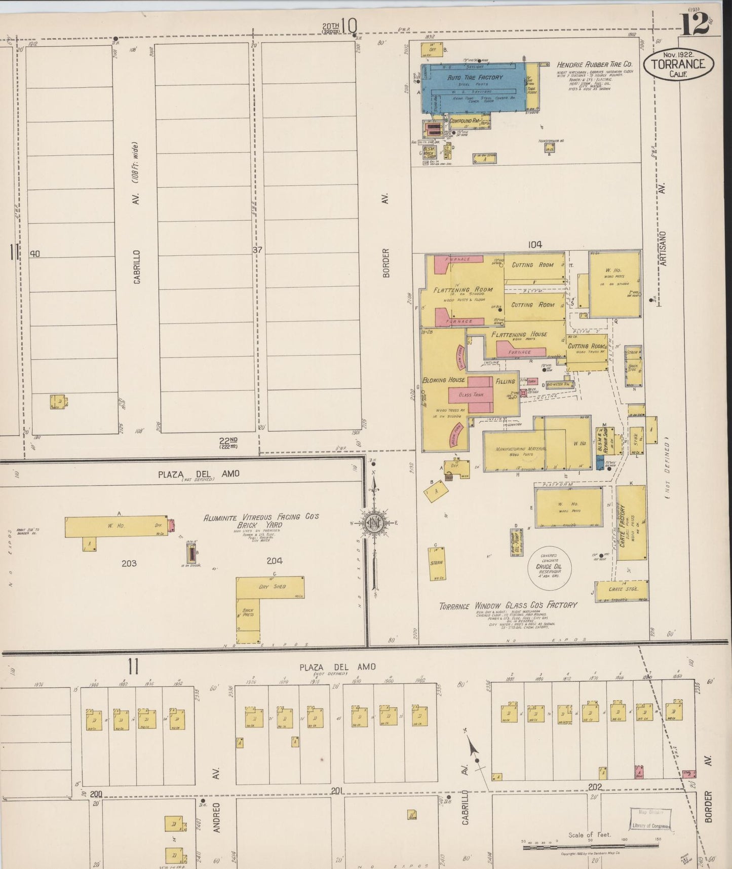 Sanborn Fire Insurance Map from Torrance, Los Angeles County, California (1922), Sheet #0012 - Complete Map Set gallery image, historic Sanborn map, vintage wall art, California California