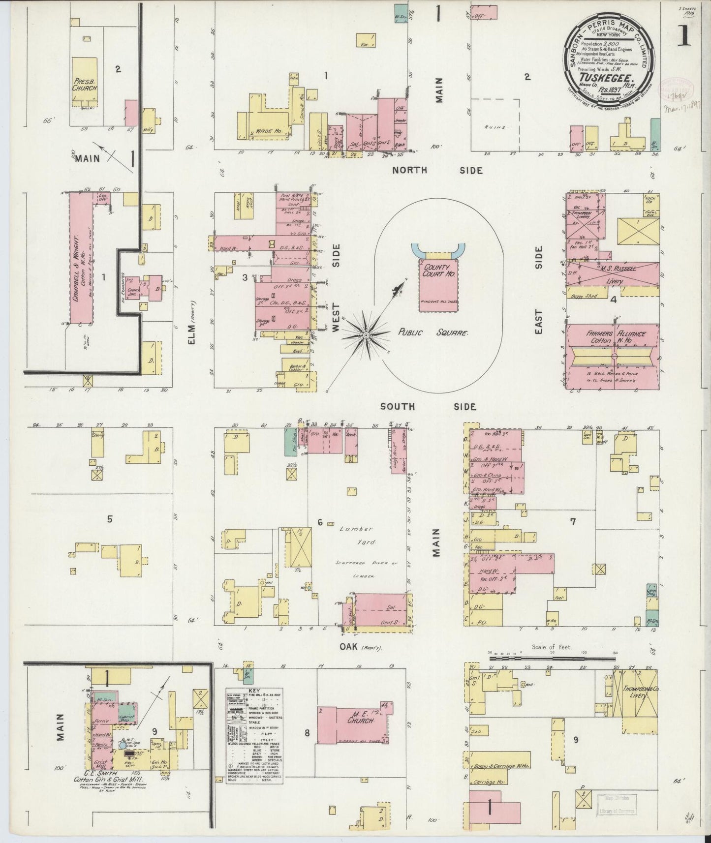 Sanborn Fire Insurance Map from Tuskegee, Macon County, Alabama (1897), Sheet #0001 - Historic Sanborn Fire Insurance Map Print, vintage old map wall art, antique decor, genealogy gift, Alabama Alabama map