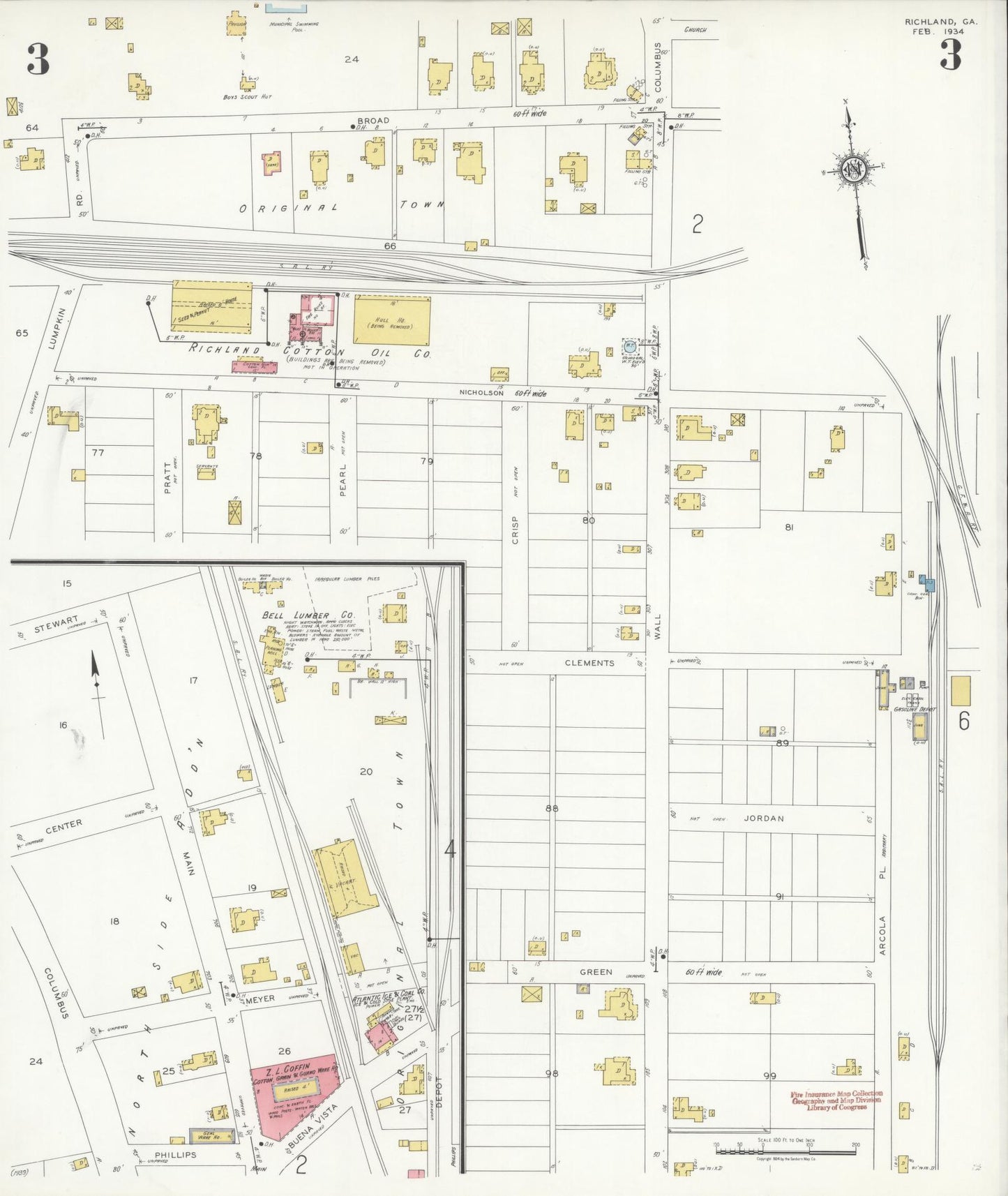 Sanborn Fire Insurance Map from Richland, Stewart County, Georgia (1934), Sheet #0003 - Historic Sanborn Fire Insurance Map Print, vintage old map wall art, antique decor, genealogy gift, Georgia Georgia map