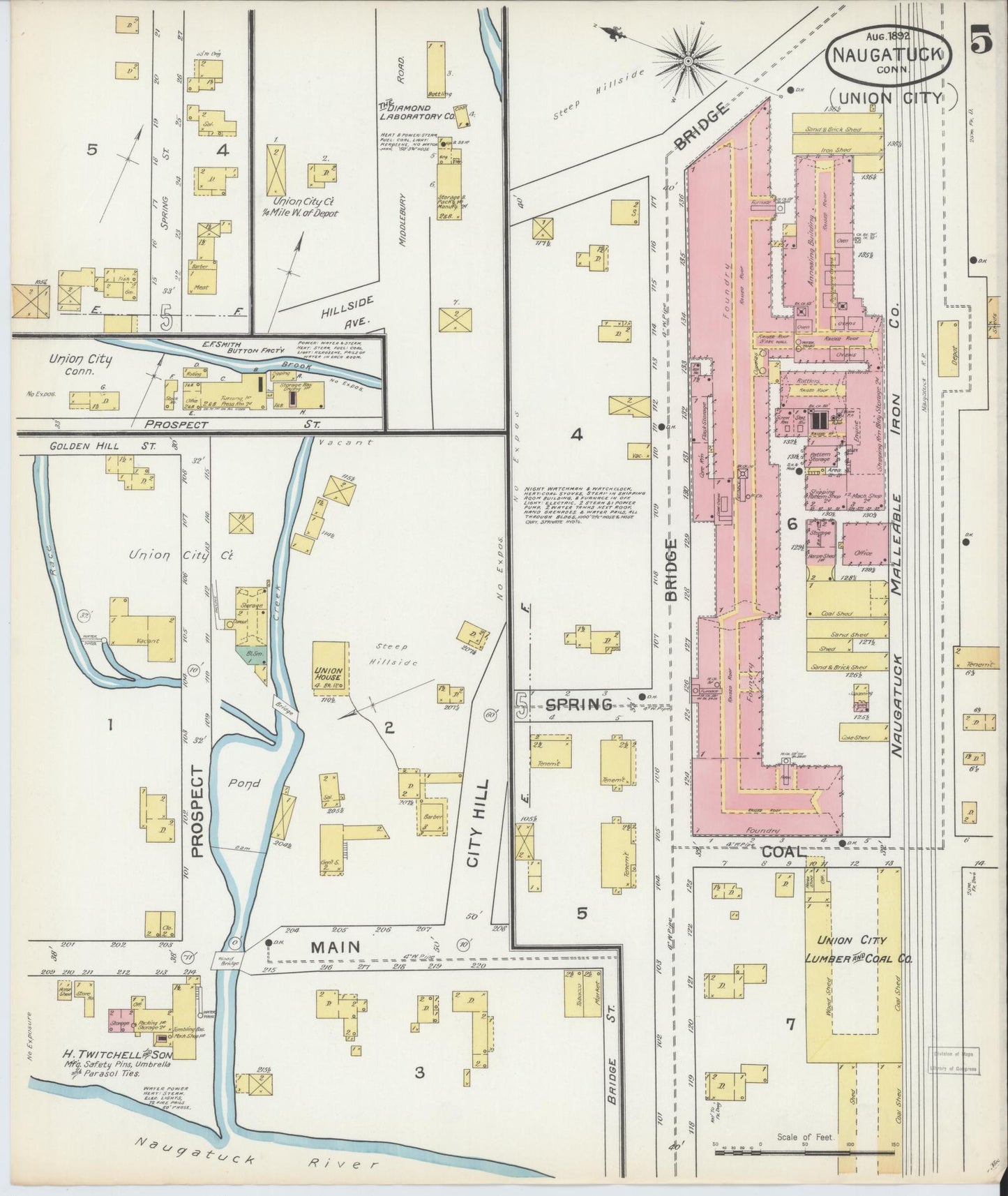 Sanborn Fire Insurance Map from Naugatuck, New Haven County, Connecticut (1892), Sheet #0005 - Complete Map Set gallery image, historic Sanborn map, vintage wall art, Connecticut Connecticut