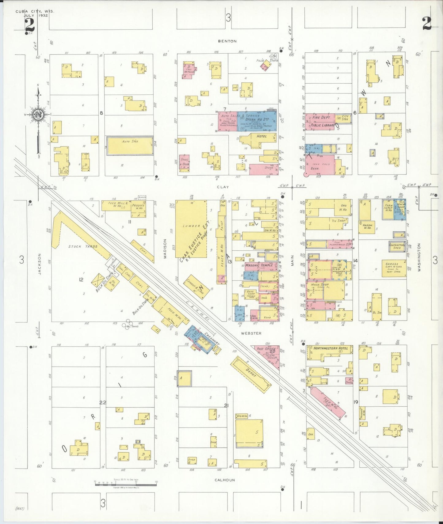 Sanborn Fire Insurance Map from Cuba City, Grant County, Wisconsin (1932), Sheet #0002 - Historic Sanborn Fire Insurance Map Print, vintage old map wall art, antique decor, genealogy gift, Wisconsin Wisconsin map