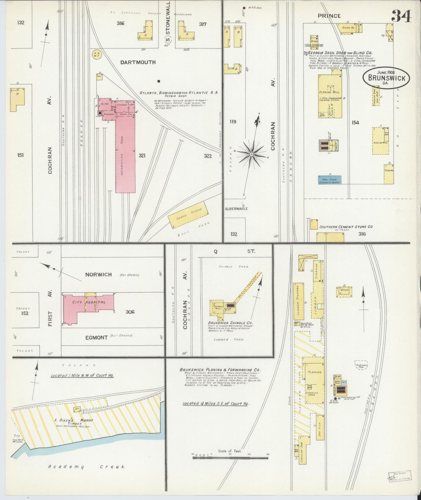Sanborn Fire Insurance Map from Brunswick, Glynn County, Georgia (1908), Sheet #0034 - Historic Sanborn Fire Insurance Map Print, vintage old map wall art, antique decor, genealogy gift, Georgia Georgia map