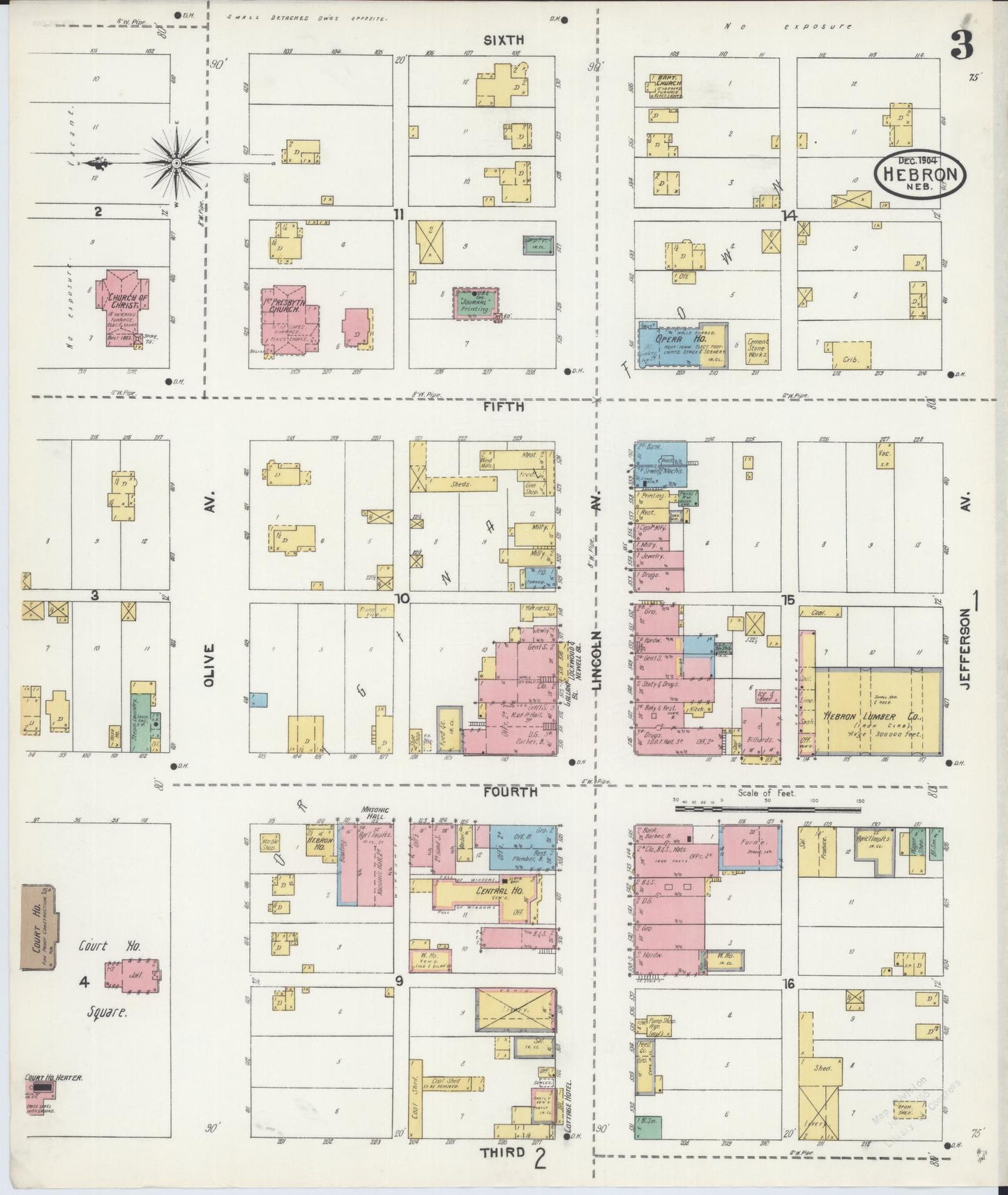 Sanborn Fire Insurance Map from Hebron, Thayer County, Nebraska (1904), Sheet #0003 - Historic Sanborn Fire Insurance Map Print, vintage old map wall art, antique decor, genealogy gift, Nebraska Nebraska map