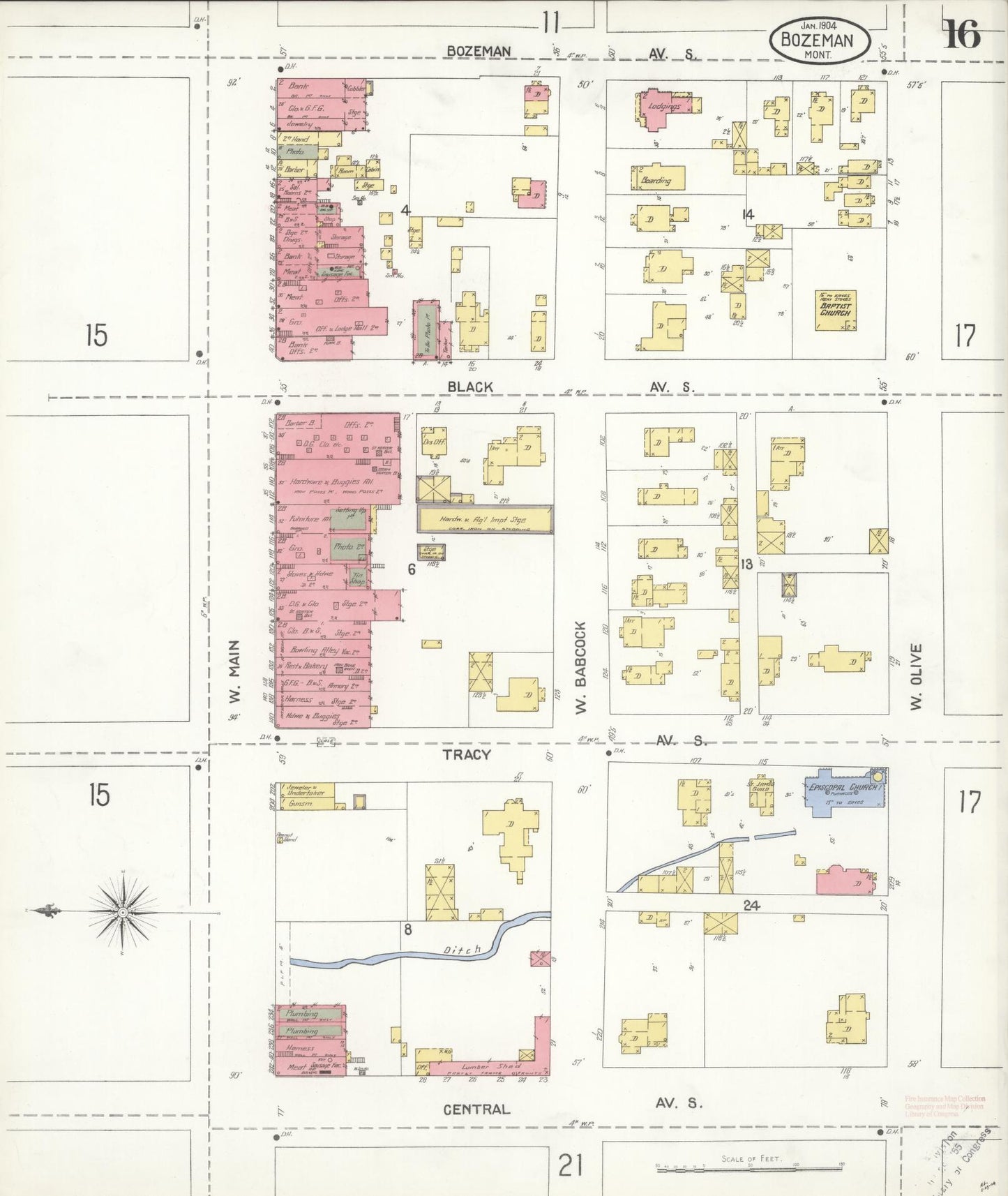 Sanborn Fire Insurance Map from Bozeman, Gallatin County, Montana (1904), Sheet #0016 - Historic Sanborn Fire Insurance Map Print, vintage old map wall art, antique decor, genealogy gift, Montana Montana map