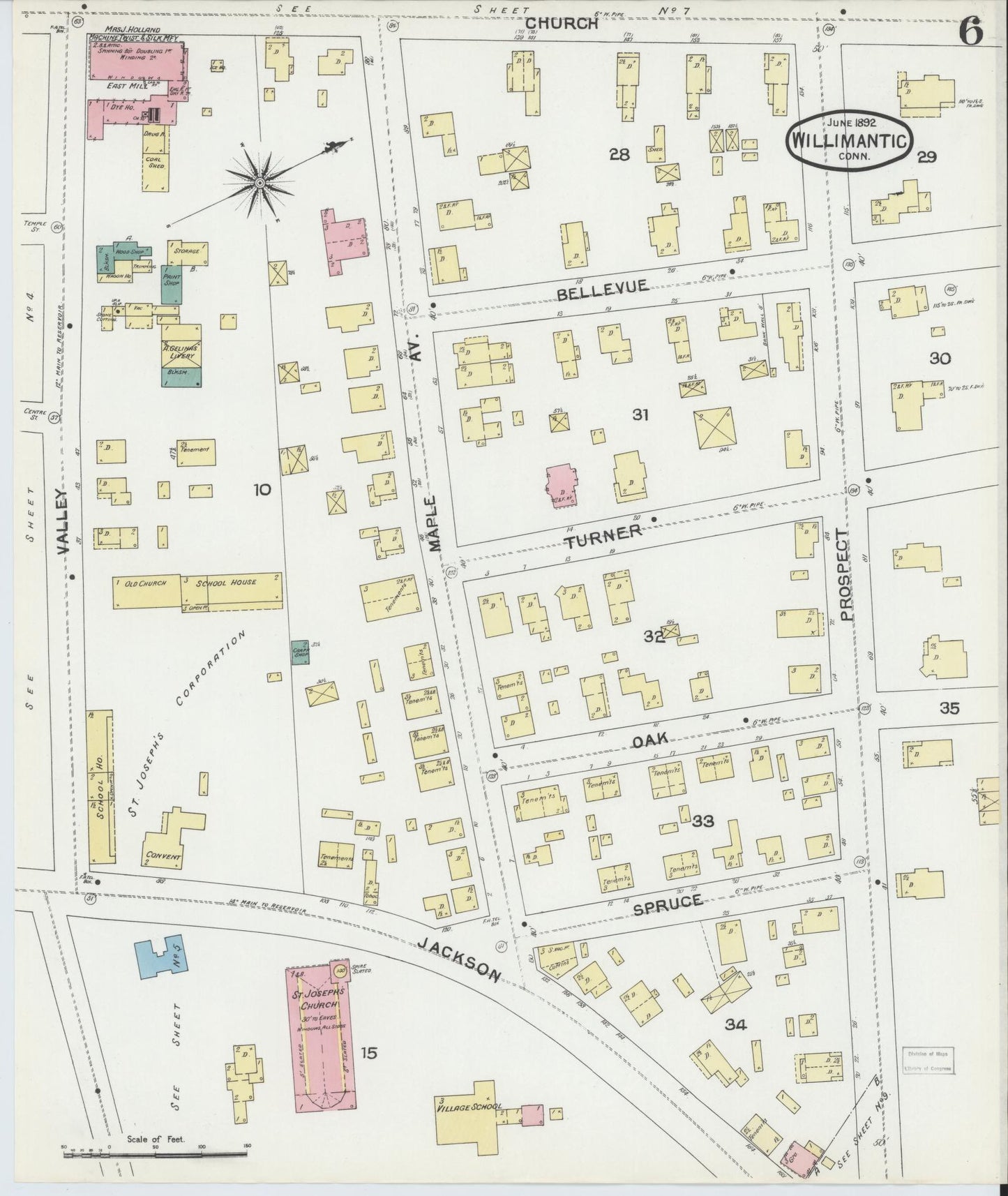 Sanborn Fire Insurance Map from Willimantic, Windham County, Connecticut (1892), Sheet #0006 - Historic Sanborn Fire Insurance Map Print, vintage old map wall art, antique decor, genealogy gift, Connecticut Connecticut map