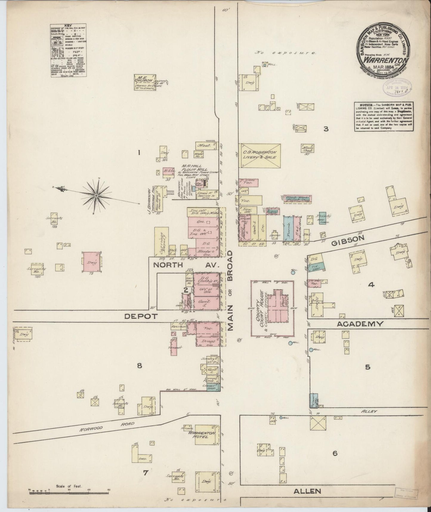 Sanborn Fire Insurance Map from Warrenton, Warren County, Georgia (1884), Sheet #0001 - Historic Sanborn Fire Insurance Map Print, vintage old map wall art, antique decor, genealogy gift, Georgia Georgia map