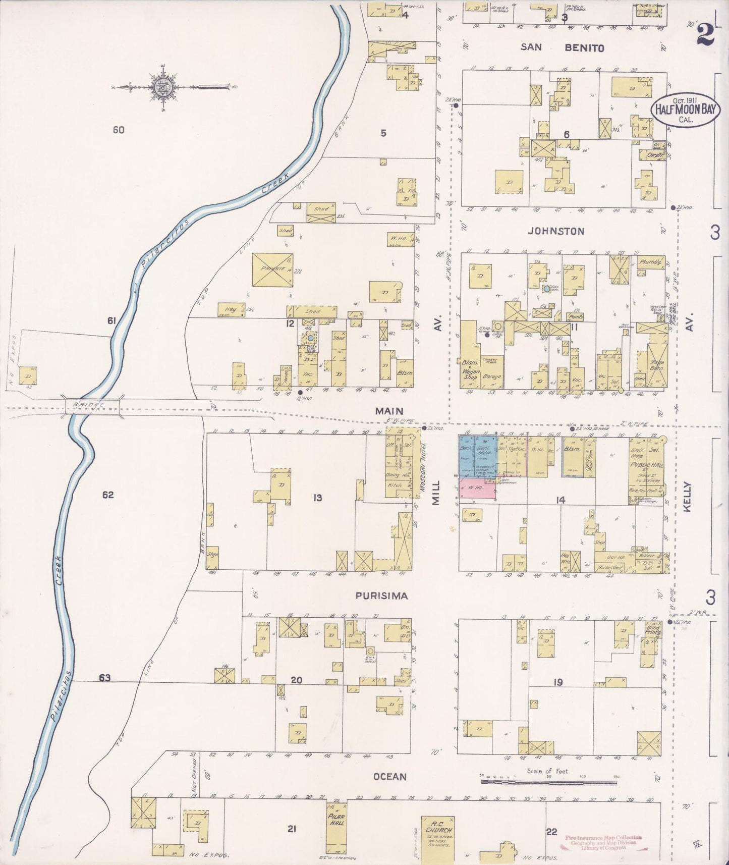 Sanborn Fire Insurance Map from Half Moon Bay, San Mateo County, California (1911), Sheet #0002 - Historic Sanborn Fire Insurance Map Print, vintage old map wall art, antique decor, genealogy gift, California California map