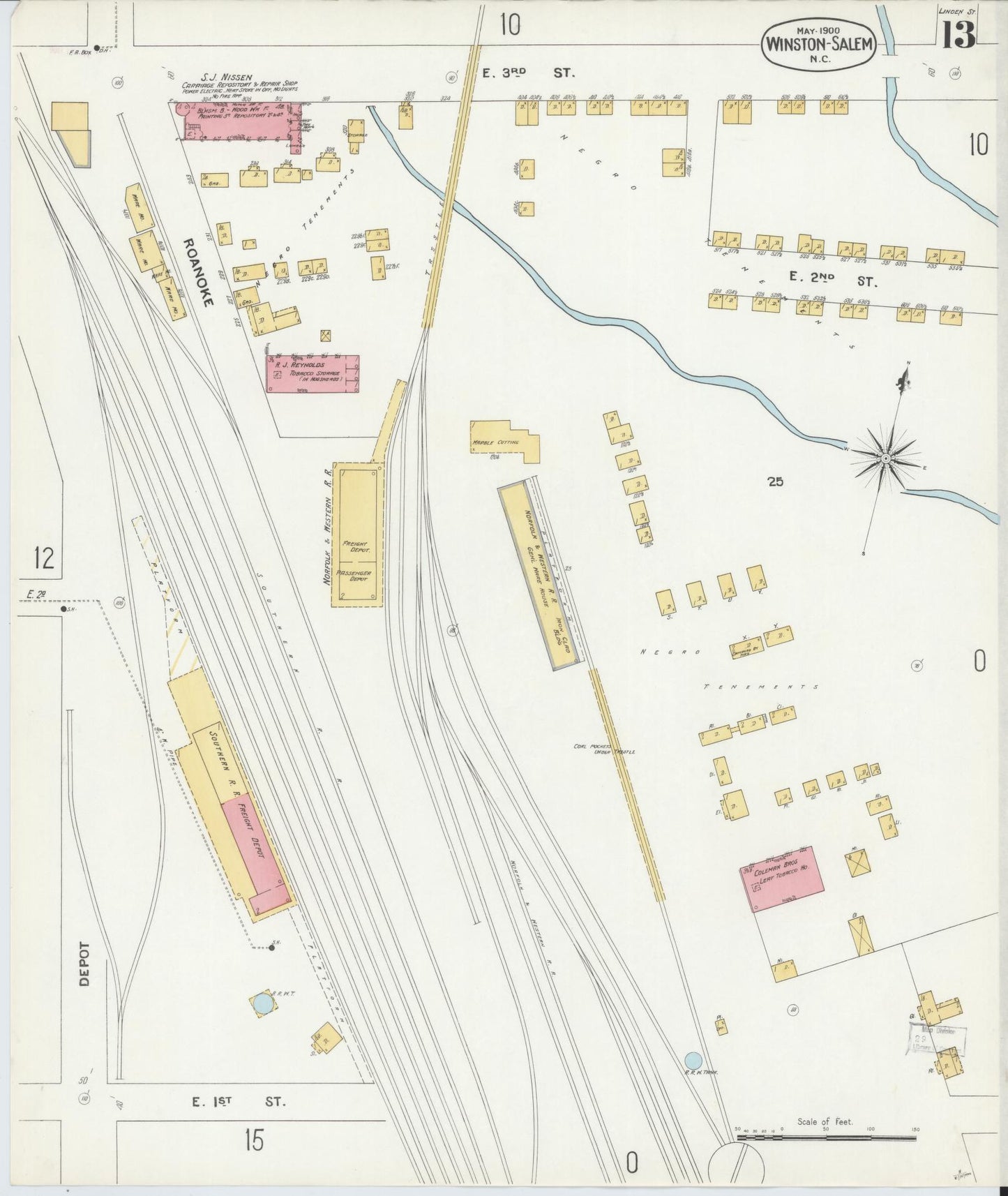 Sanborn Fire Insurance Map from Winston-Salem, Forsyth County, North Carolina (1900), Sheet #0013 - Historic Sanborn Fire Insurance Map Print, vintage old map wall art, antique decor, genealogy gift, North Carolina North Carolina map