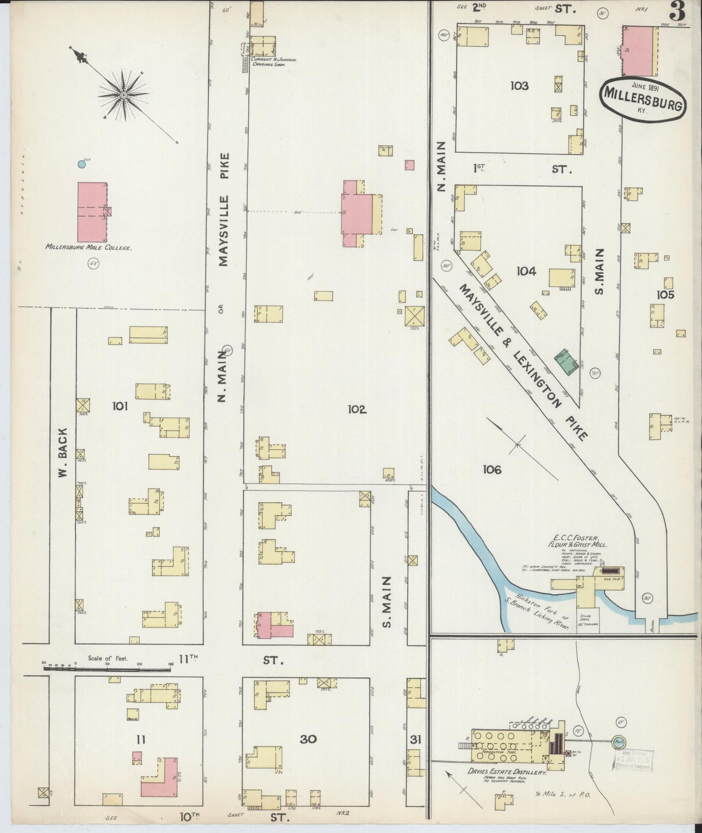 Sanborn Fire Insurance Map from Millersburg, Bourbon County, Kentucky (1891), Sheet #0003 - Historic Sanborn Fire Insurance Map Print, vintage old map wall art, antique decor, genealogy gift, Kentucky Kentucky map