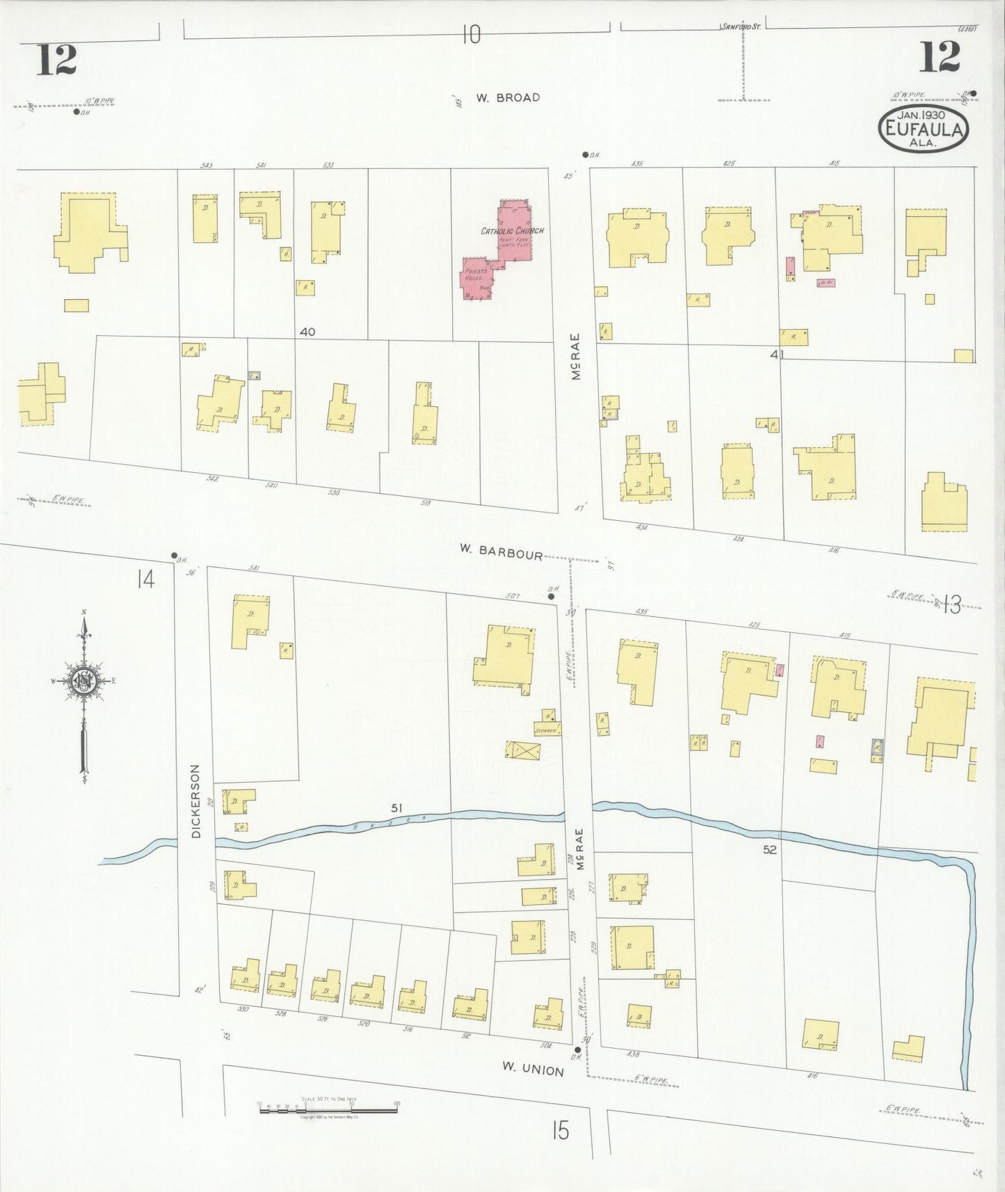 Sanborn Fire Insurance Map from Eufaula, Barbour County, Alabama (1930), Sheet #0012 - Historic Sanborn Fire Insurance Map Print, vintage old map wall art, antique decor, genealogy gift, Alabama Alabama map