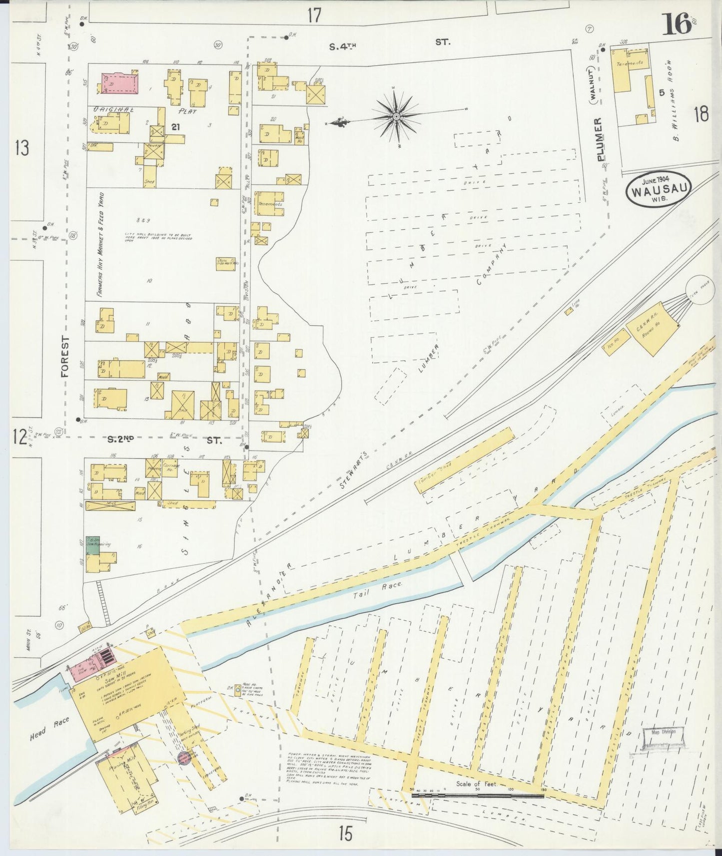 Sanborn Fire Insurance Map from Wausau, Marathon County, Wisconsin (1904), Sheet #0016 - Historic Sanborn Fire Insurance Map Print, vintage old map wall art, antique decor, genealogy gift, Wisconsin Wisconsin map