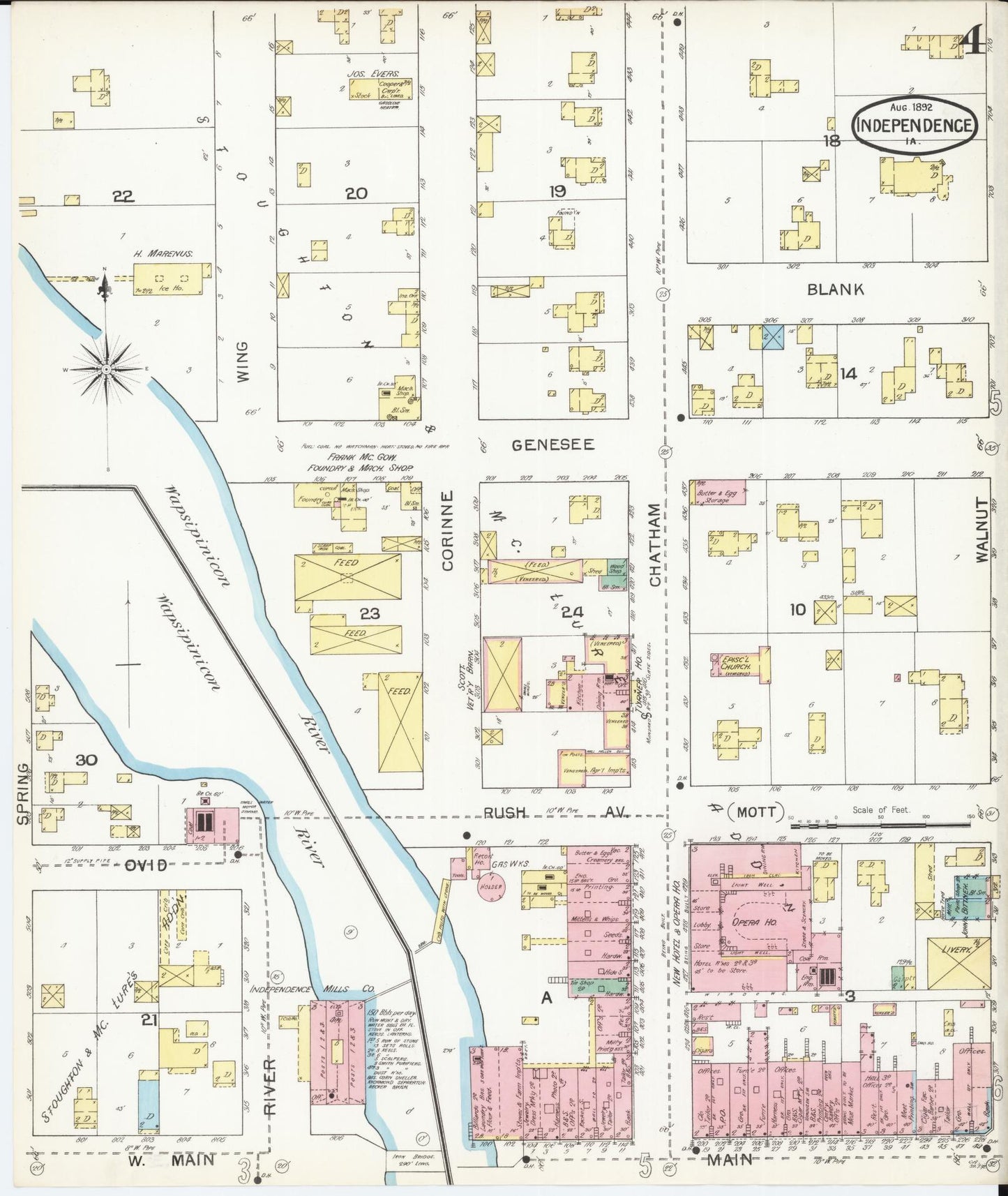 Sanborn Fire Insurance Map from Independence, Buchanan County, Iowa (1892), Sheet #0004 - Historic Sanborn Fire Insurance Map Print, vintage old map wall art