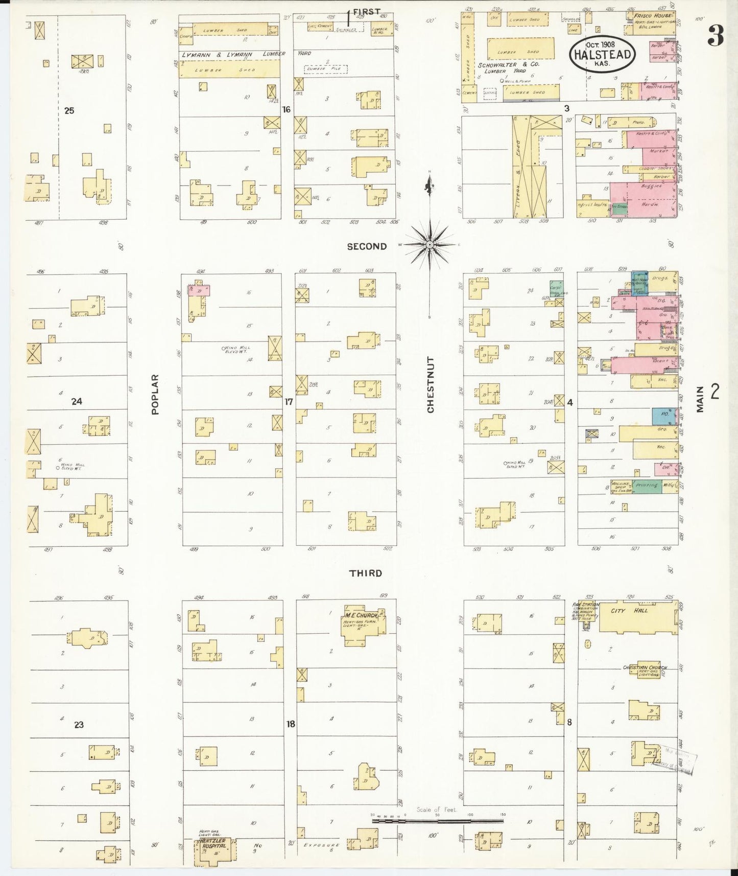 Sanborn Fire Insurance Map from Halstead, Harvey County, Kansas (1908), Sheet #0003 - Complete Map Set gallery image, historic Sanborn map, vintage wall art, Kansas Kansas