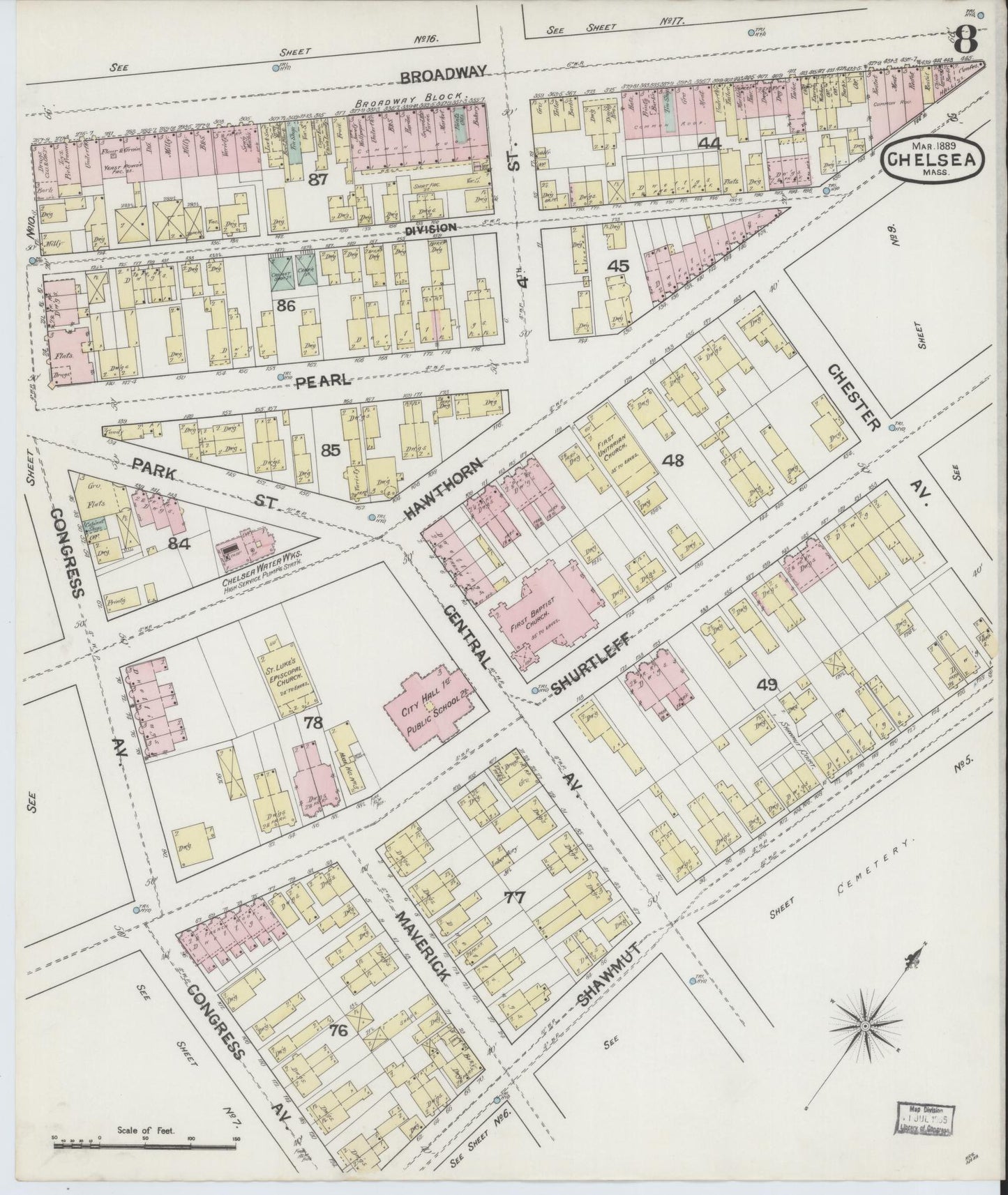Sanborn Fire Insurance Map from Chelsea, Suffolk County, Massachusetts (1889), Sheet #0008 - Historic Sanborn Fire Insurance Map Print, vintage old map wall art, antique decor, genealogy gift, Massachusetts Massachusetts map