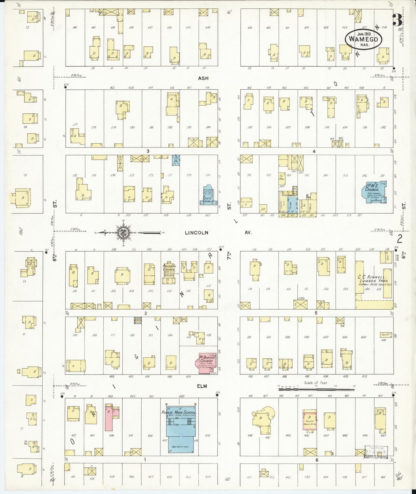 Sanborn Fire Insurance Map from Wamego, Pottawatomie County, Kansas (1912), Sheet #0003 - Historic Sanborn Fire Insurance Map Print, vintage old map wall art, antique decor, genealogy gift, Kansas Kansas map