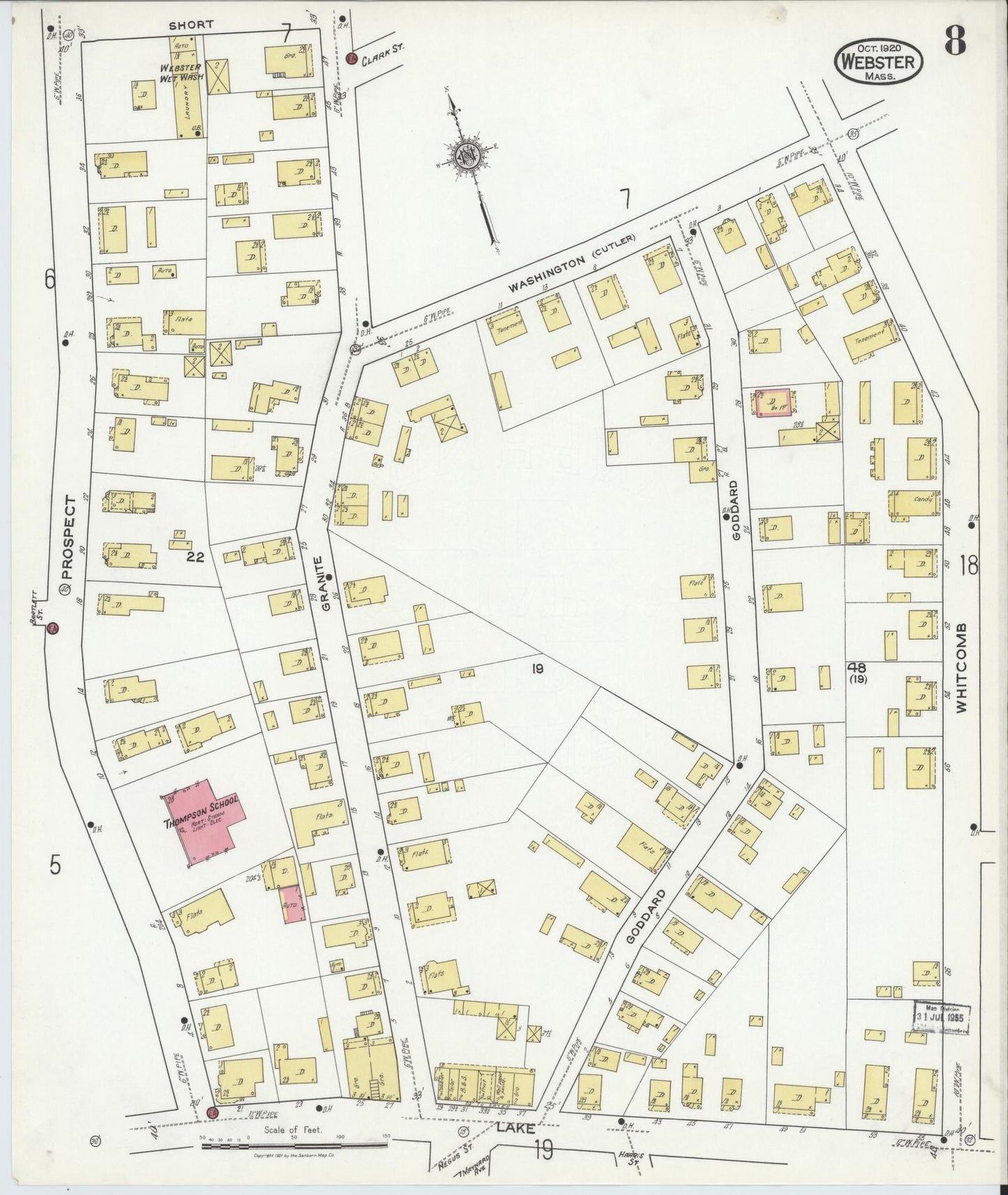 Sanborn Fire Insurance Map from Webster, Worcester County, Massachusetts (1920), Sheet #0008 - Historic Sanborn Fire Insurance Map Print, vintage old map wall art, antique decor, genealogy gift, Massachusetts Massachusetts map