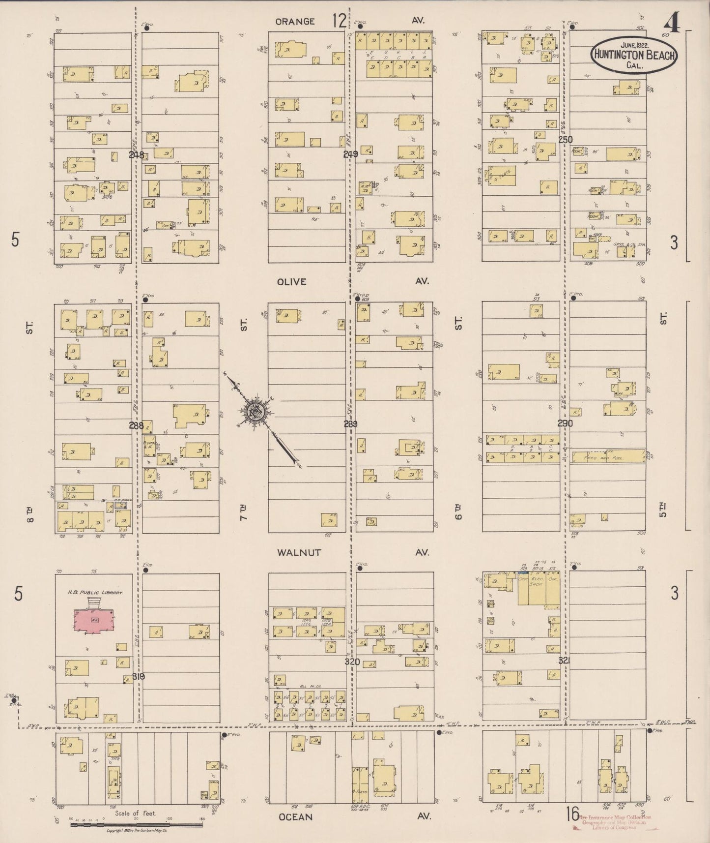 Sanborn Fire Insurance Map from Huntington Beach, Orange County, California (1922), Sheet #0004 - Historic Sanborn Fire Insurance Map Print, vintage old map wall art, antique decor, genealogy gift, California California map