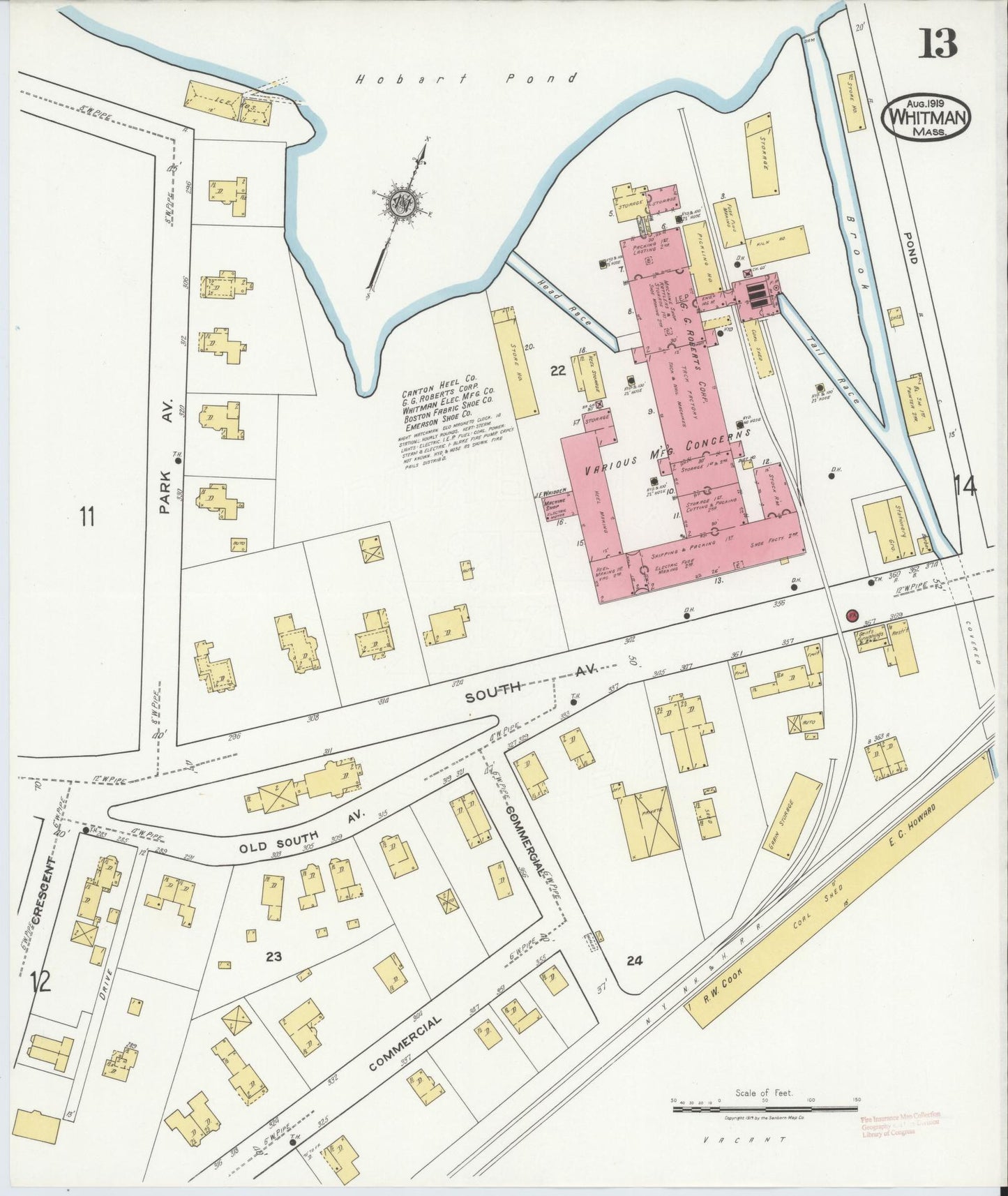 Sanborn Fire Insurance Map from Whitman, Plymouth County, Massachusetts (1919), Sheet #0013 - Historic Sanborn Fire Insurance Map Print, vintage old map wall art, antique decor, genealogy gift, Massachusetts Massachusetts map