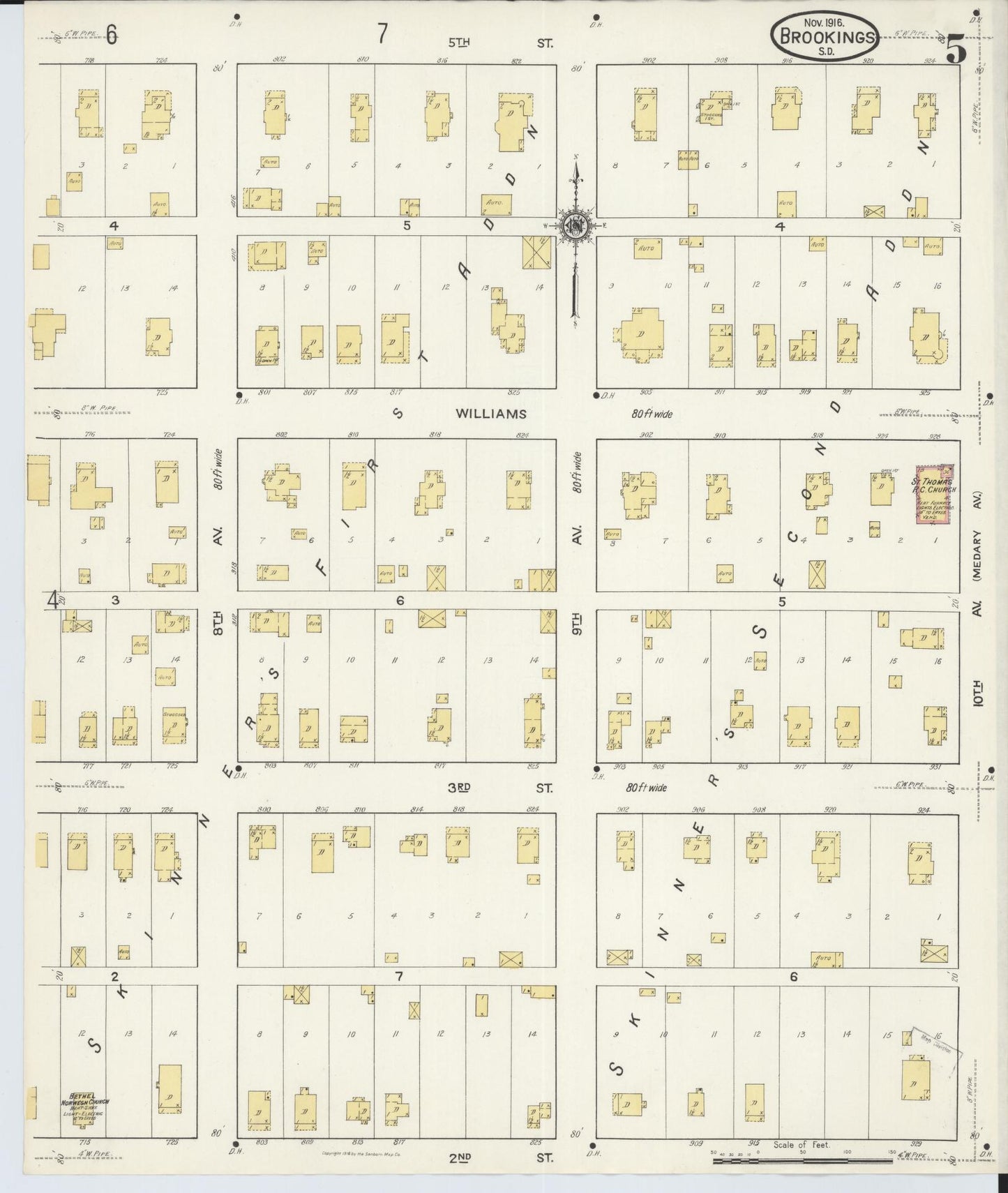 Sanborn Fire Insurance Map from Brookings, Brookings County, South Dakota (1916), Sheet #0005 - Historic Sanborn Fire Insurance Map Print, vintage old map wall art, antique decor, genealogy gift, South Dakota South Dakota map