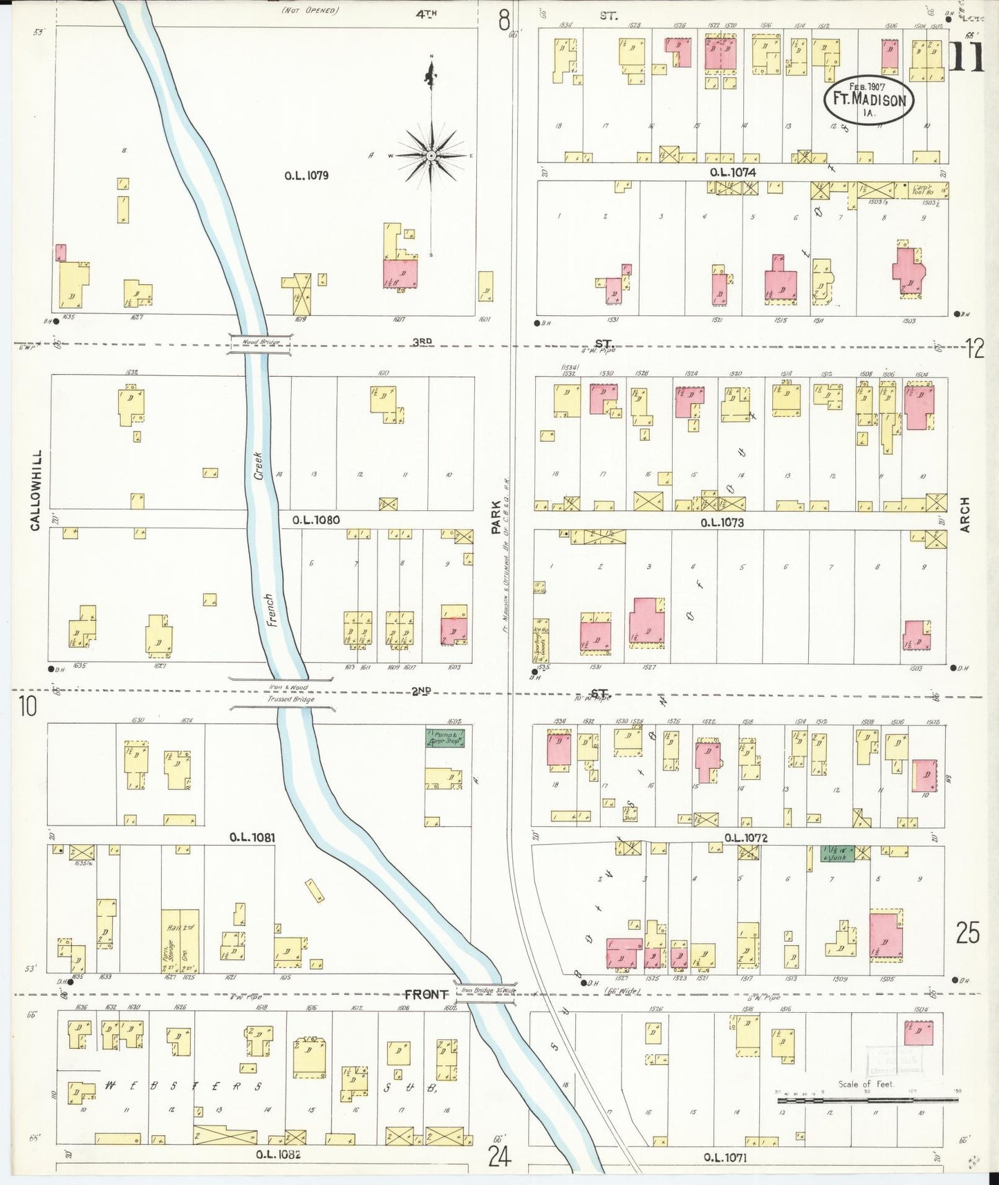 Sanborn Fire Insurance Map from Fort Madison, Lee County, Iowa (1907), Sheet #0011 - Historic Sanborn Fire Insurance Map Print, vintage old map wall art