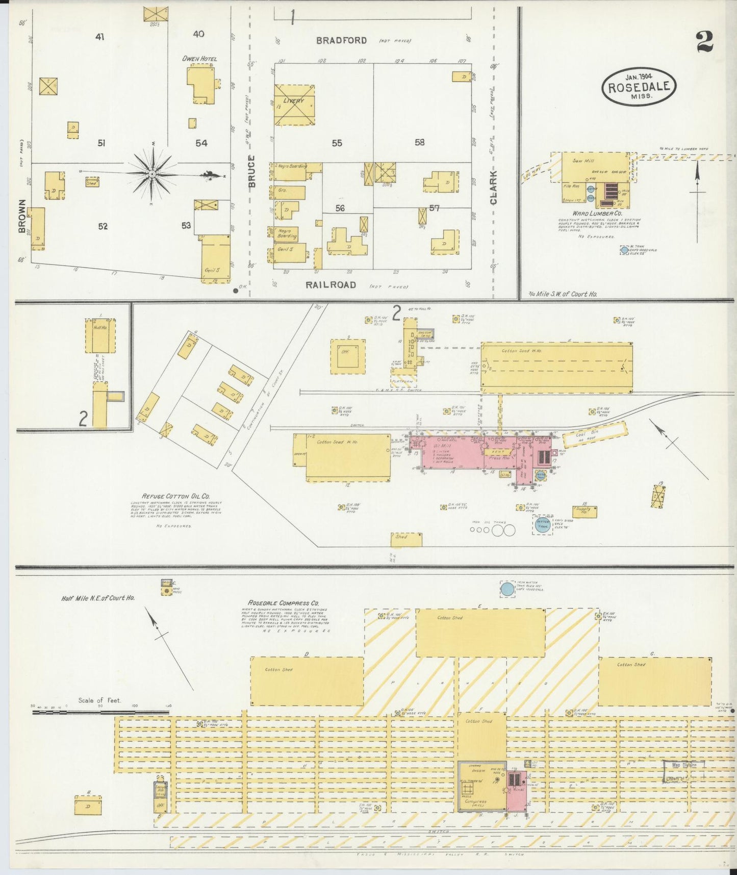 Sanborn Fire Insurance Map from Rosedale, Bolivar County, Mississippi (1904), Sheet #0002 - Historic Sanborn Fire Insurance Map Print, vintage old map wall art, antique decor, genealogy gift, Mississippi Mississippi map