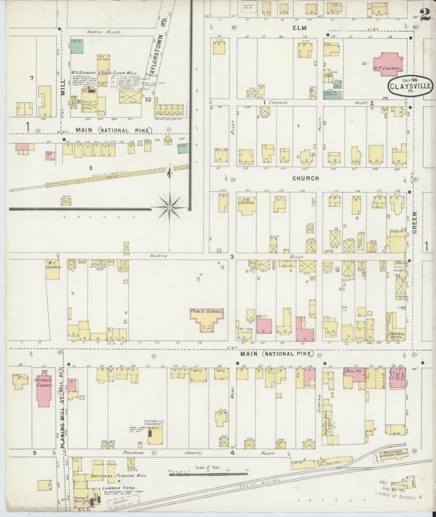 Sanborn Fire Insurance Map from Claysville, Washington County, Pennsylvania (1896), Sheet #0002 - Historic Sanborn Fire Insurance Map Print, vintage old map wall art, antique decor, genealogy gift, Pennsylvania Pennsylvania map
