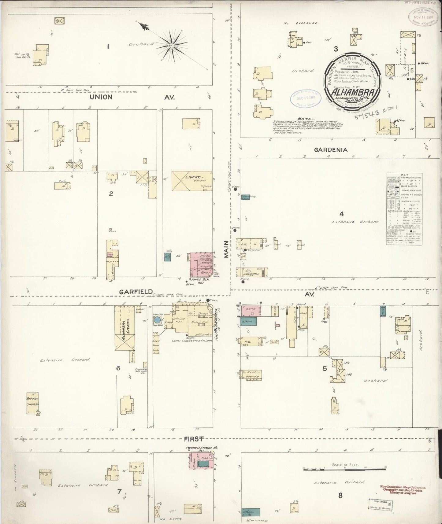 Sanborn Fire Insurance Map from Alhambra, Los Angeles County, California (1897), Sheet #0001 - Historic Sanborn Fire Insurance Map Print, vintage old map wall art, antique decor, genealogy gift, California California map