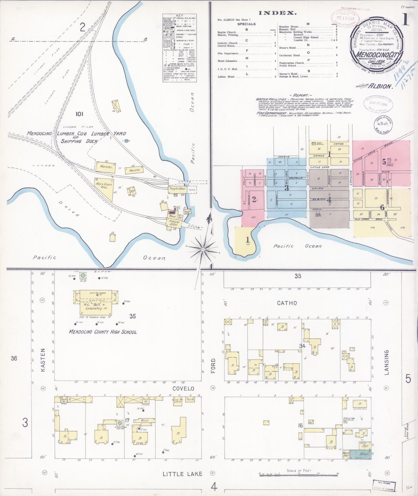 Sanborn Fire Insurance Map from Mendocino, Mendocino County, California (1898), Sheet #0001 - Historic Sanborn Fire Insurance Map Print, vintage old map wall art, antique decor, genealogy gift, California California map